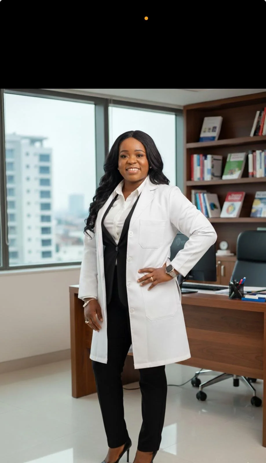 Woman in professional attire standing in an office with bookshelf and large windows.