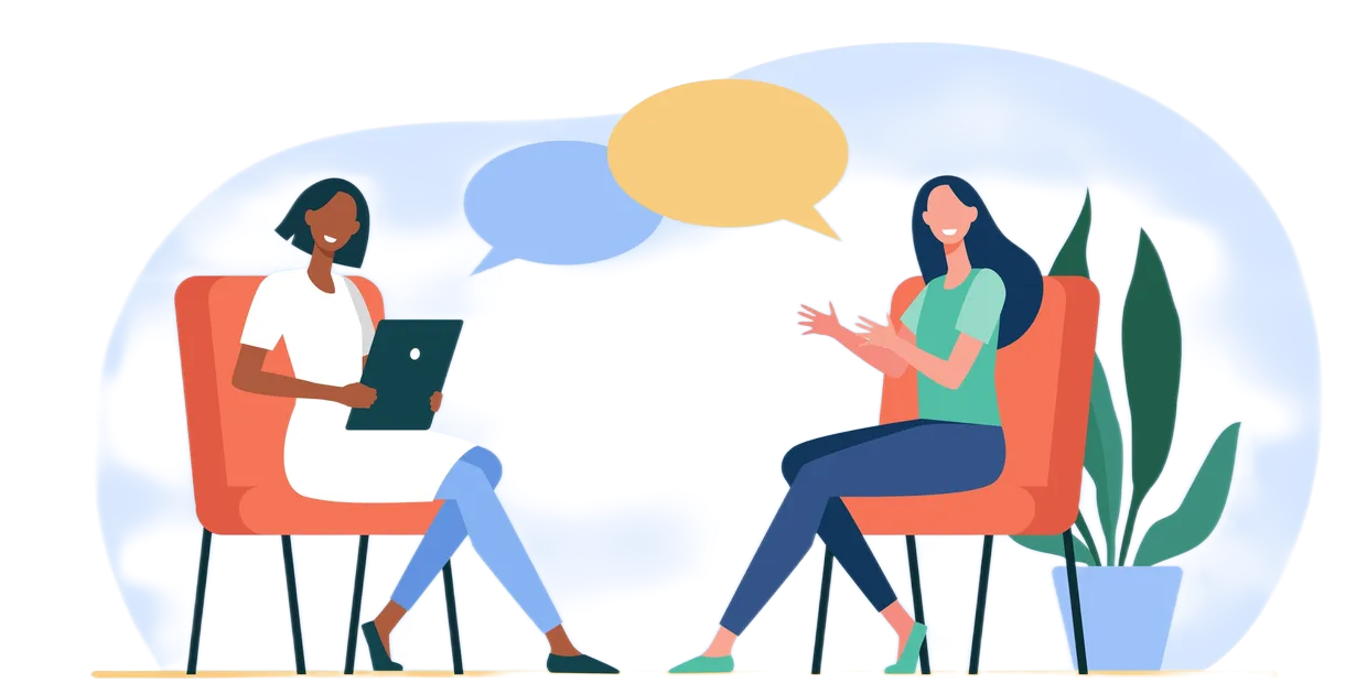 Illustration of two women engaging in a conversation during an interview or discussion, seated on orange chairs, with a potted plant in the background.