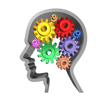 Graphic of a human head silhouette filled with colorful interlocking gears.