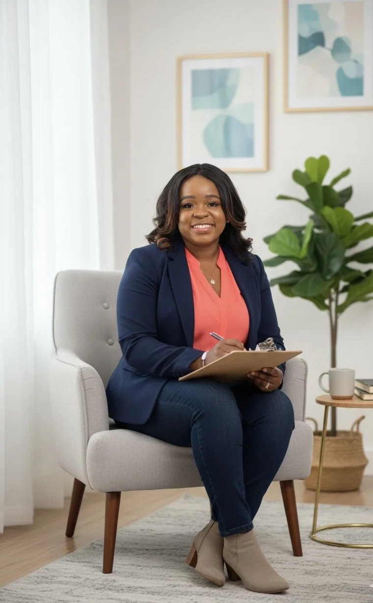 A woman sitting in an armchair, smiling, taking notes on a clipboard in a bright, modern room with wall art, a potted plant, a side table with a mug and books.