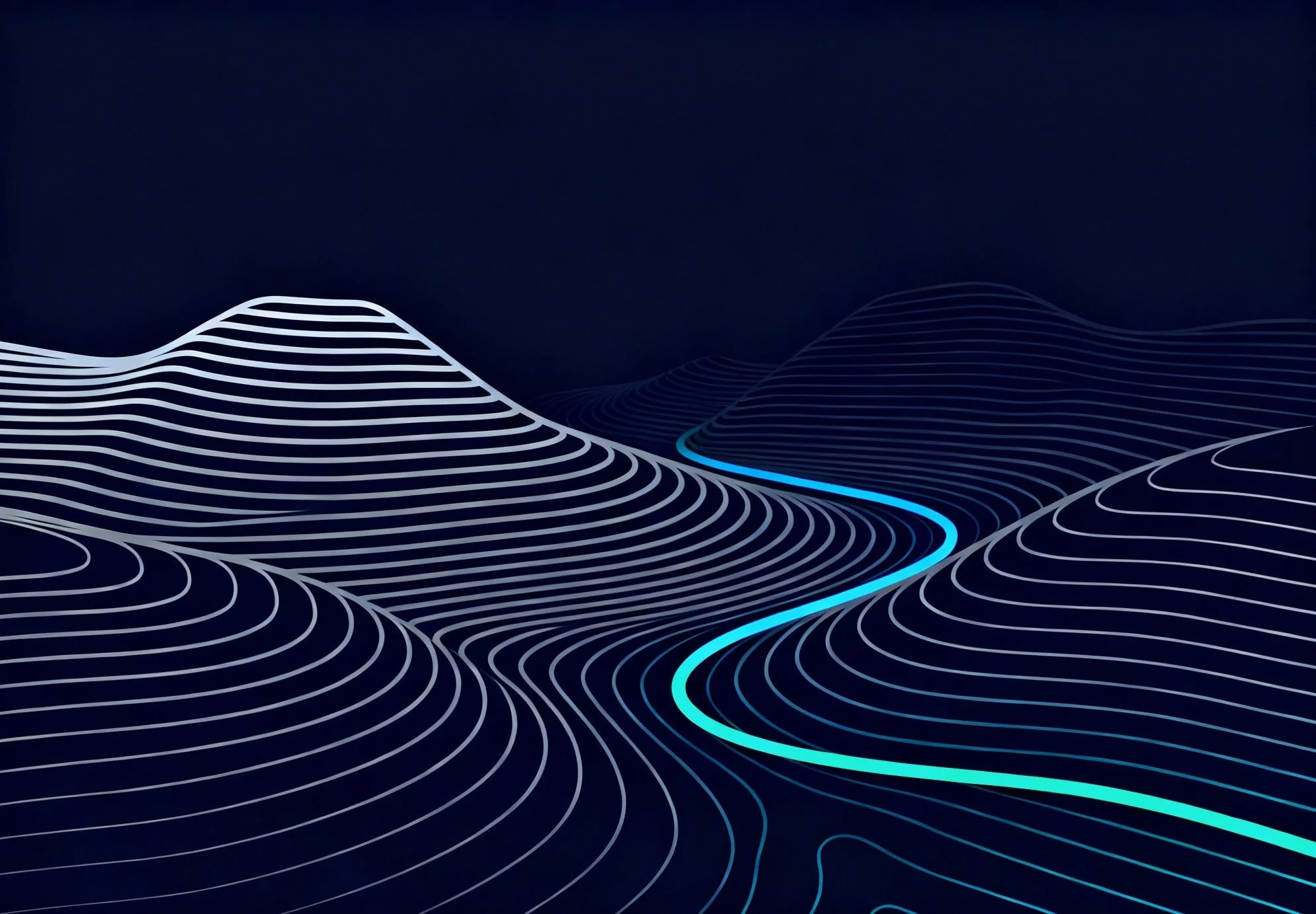 A landscape of mountains with snow-capped peaks in the background and rolling grassy hills in the foreground. A modern building is situated on the hillside.