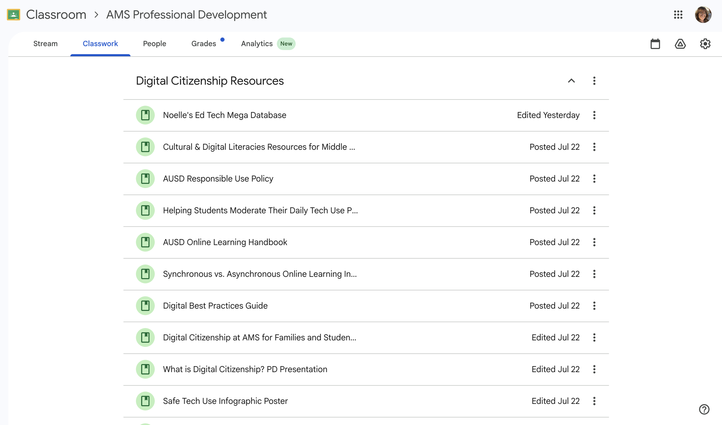 Digital Citizenship Course Resource Materials on Google Classroom
