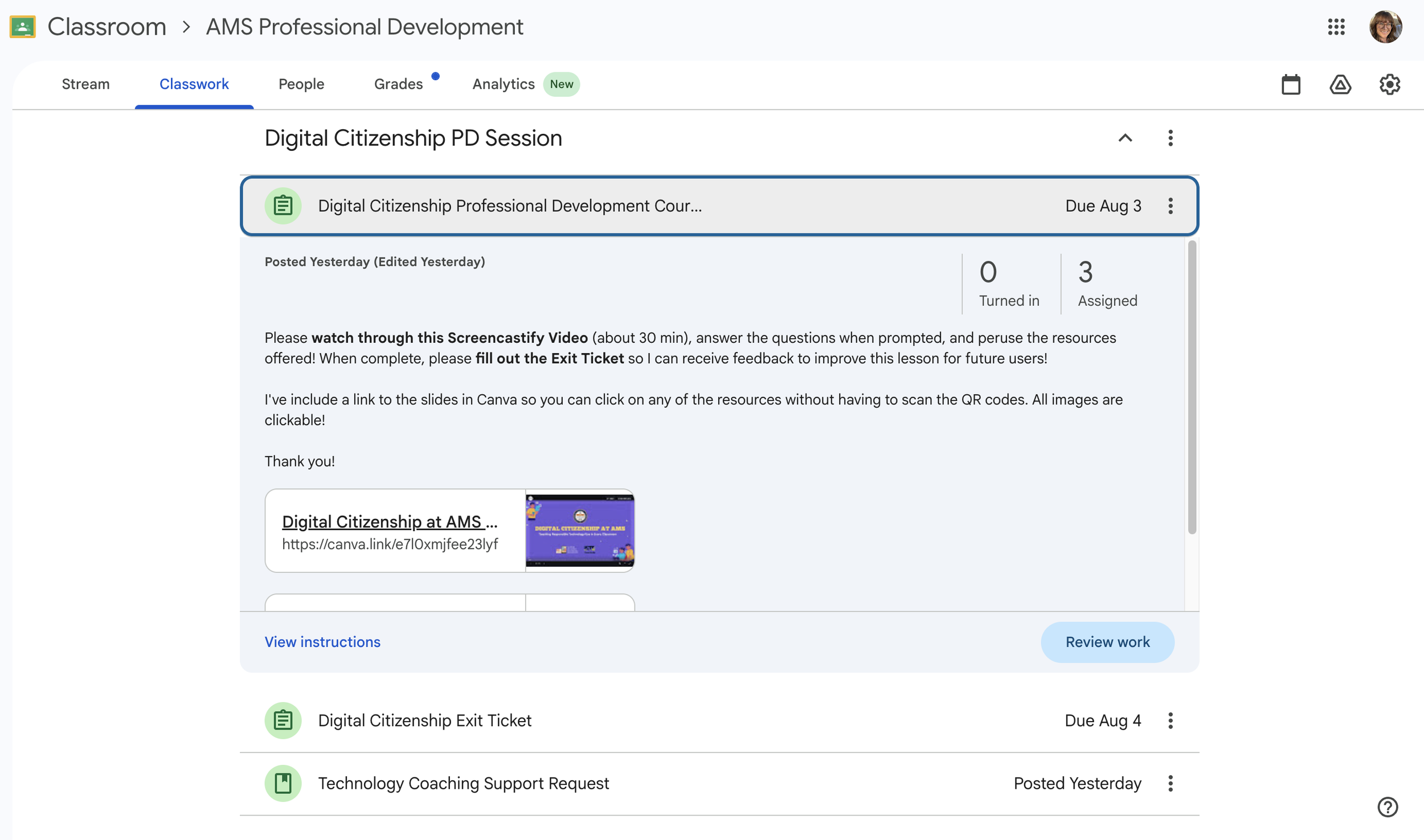 Digital Citizenship Course on Google Classroom