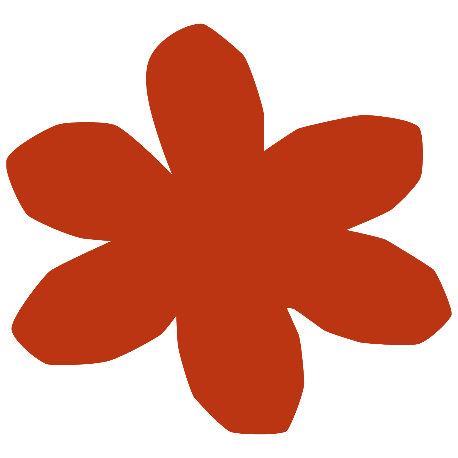 A red-orange flower with six petals.
