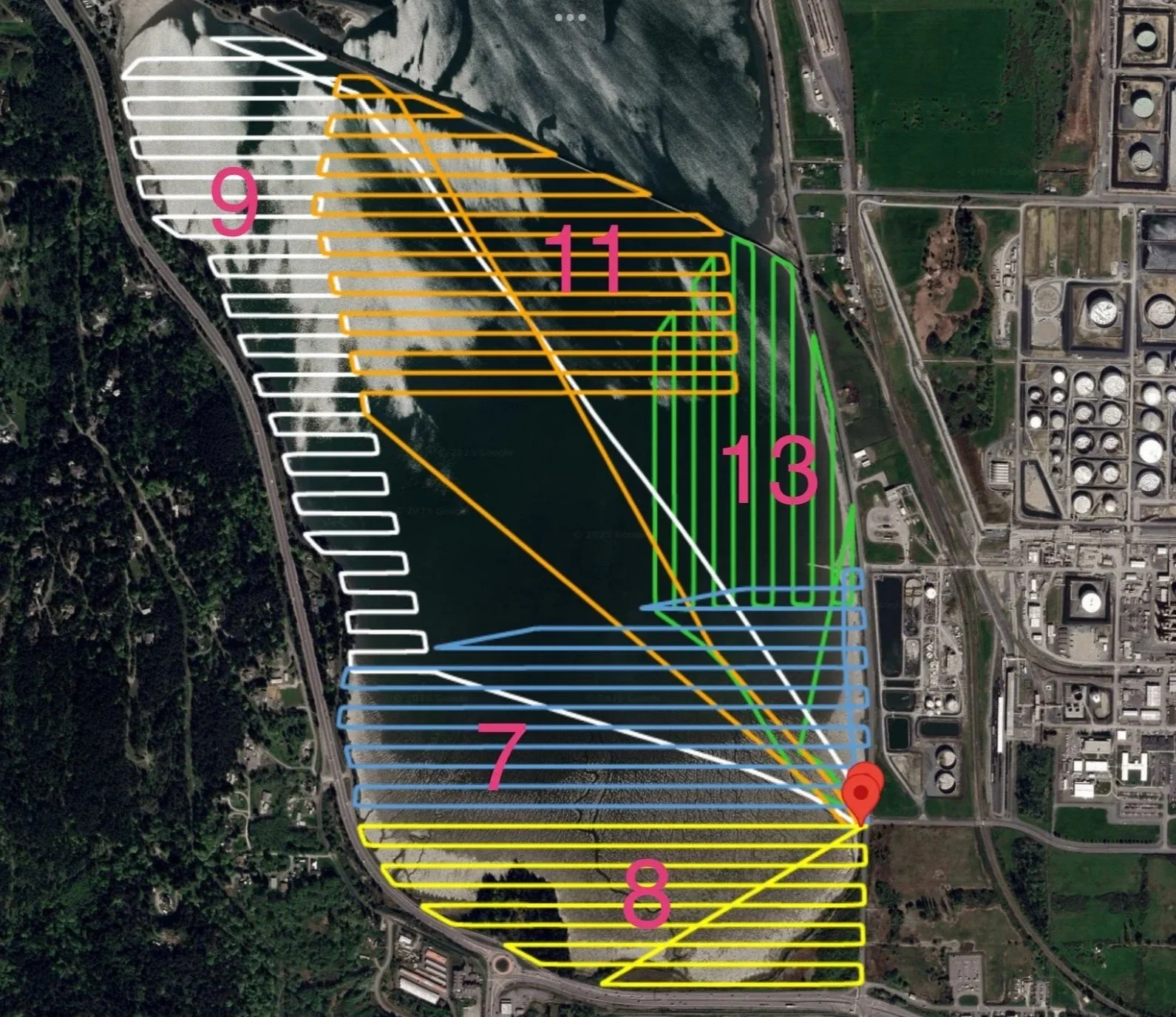 Map overlaid on aerial view of a conservation area with color-coded sections labeled 7 to 13, indicating different zones or areas during a drone mapping mission.