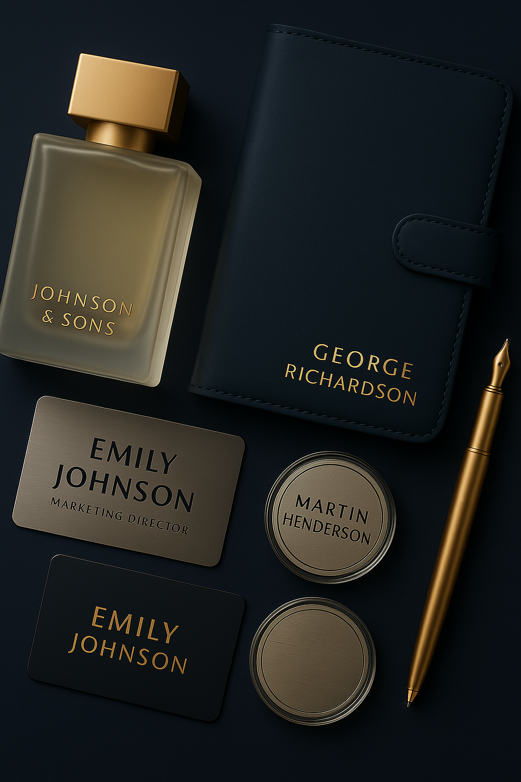 Business stationery including a gold perfume bottle labeled Johnson & Sons, a dark blue planner with George Richardson written on it, a golden pen, a grey metal nameplate that says Emily Johnson Marketing Director, and two round metallic tins with the names Martin Henderson and Emily Johnson.