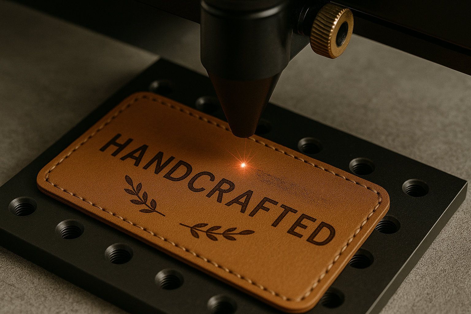 A laser engraving machine engraving a leather patch that says 'HANDCRAFTED' with decorative leaves underneath.