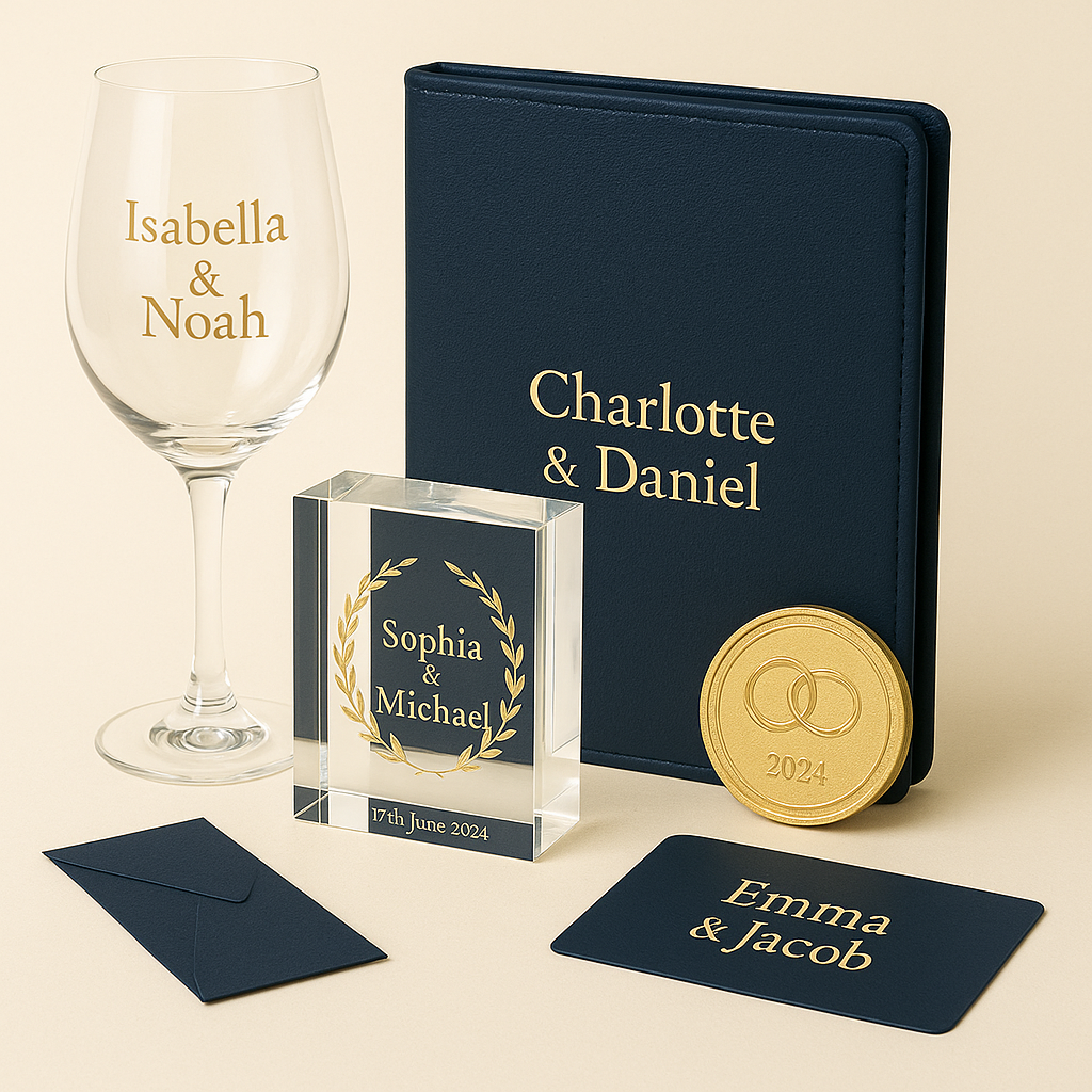 Personalized wedding memorabilia including notebook a matching pen, a perfume bottle with gold cap inscribed, a gold-edged round badge, engraved metal, engraved glass, engraved bottle, engraved tumbler, business gift set, corporate gift set, engraved