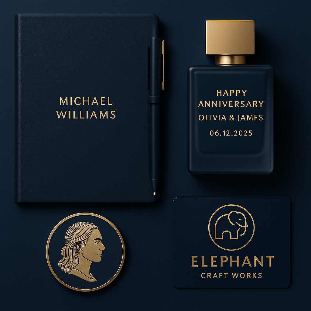 notebook a matching pen, a perfume bottle with gold cap inscribed, a gold-edged round badge, engraved metal, engraved glass, engraved bottle, engraved tumbler, business gift set, corporate gift set