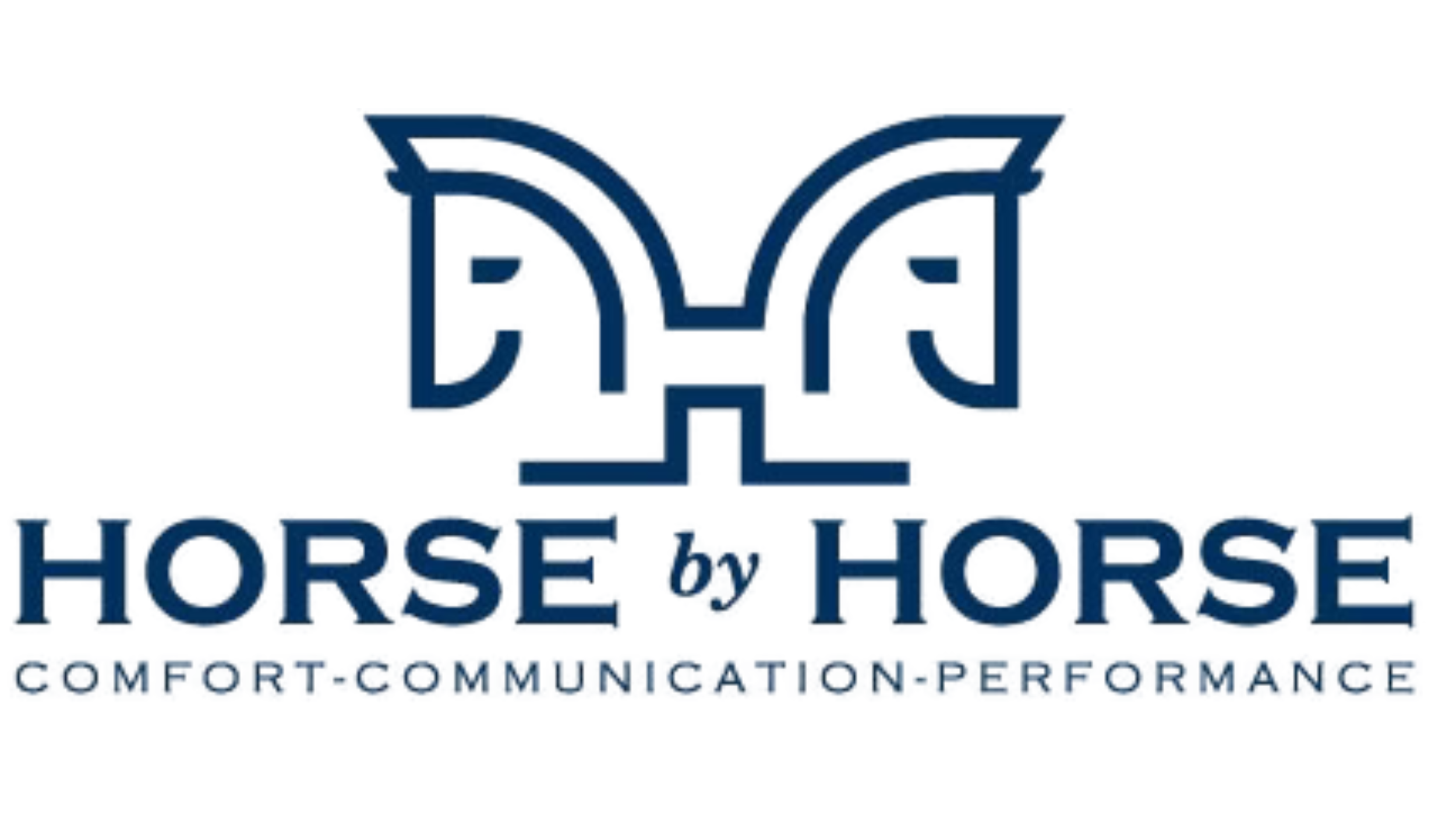 Logo with two stylized horse heads facing each other, forming an abstract letter 'M'; text below reads 'HORSE by HORSE' with smaller text beneath stating 'Comfort-Communication-Performance'.