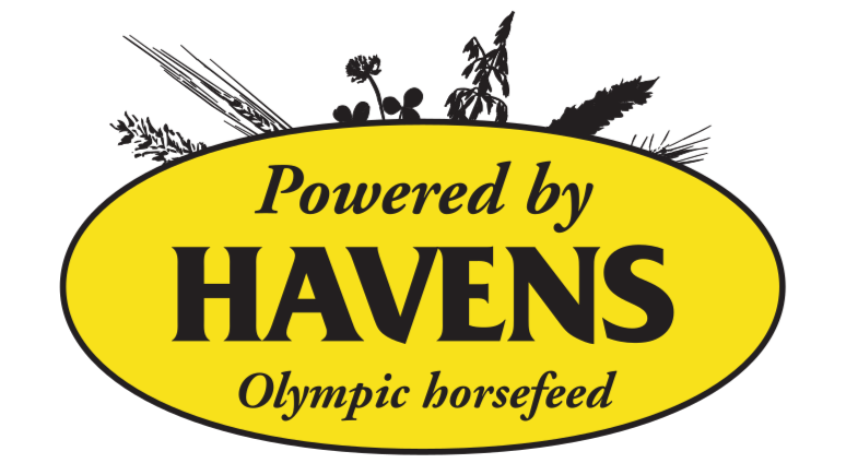 Yellow oval logo with the text 'Powered by HAVENS Olympic horsefeed' on a black background, with silhouettes of plants and animals in the background.