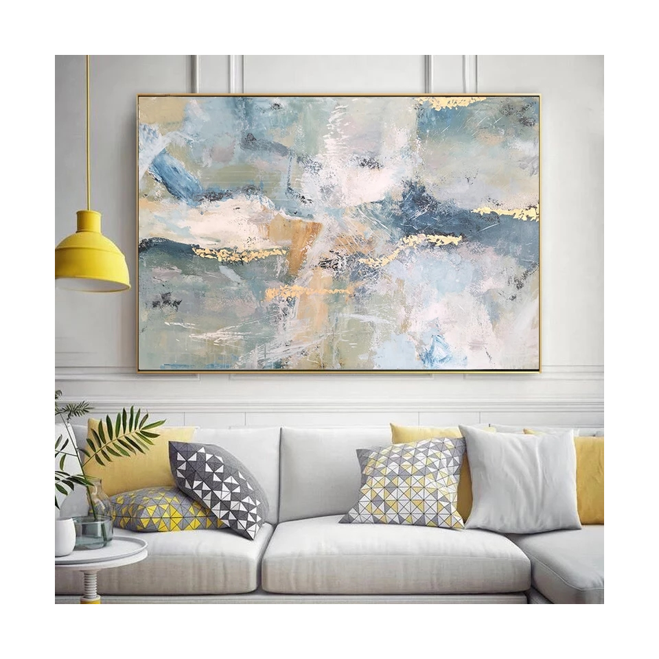 Luxury Abstract Wall Art – Blue, Neutral and Gold Modern Canvas