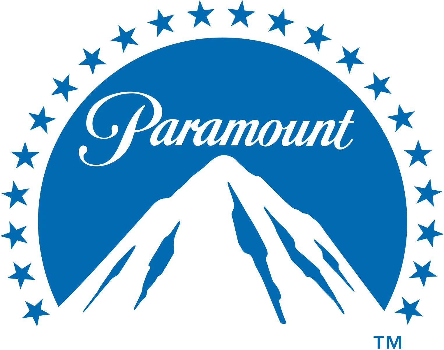 The Paramount logo features a black mountain with blue background and a circle of 24 blue stars around it, with the company name 'Paramount' written above the mountain in black cursive font.