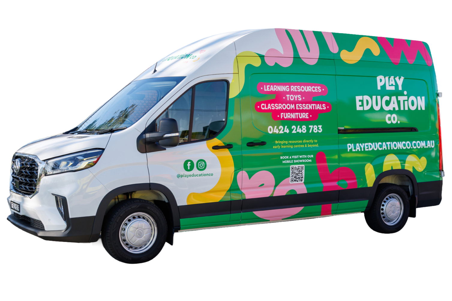 A white van with colorful graphics advertising Play Education Co., a business providing learning resources, toys, classroom essentials, and furniture, with contact information and social media icons.
