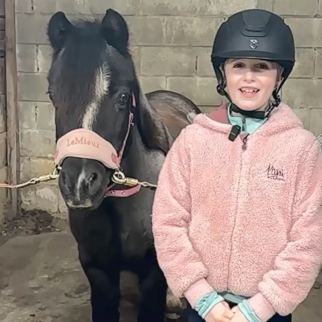 A young girl wearing a black riding helmet and a pink fleece jacket standing next to a black horse with a pink halter that has the name LeMieux embroidered on it, inside a stable.