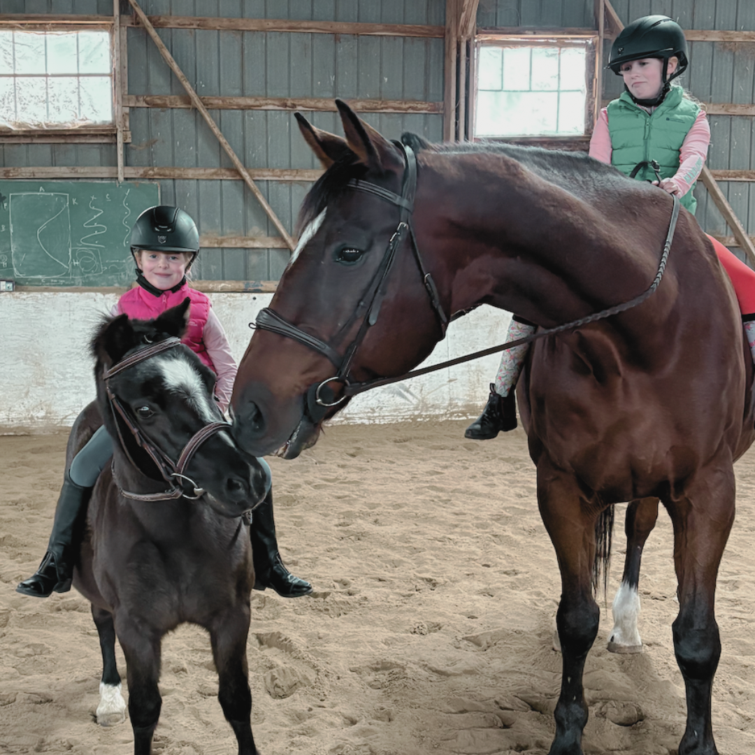 Two young girls wearing helmets riding horses inside an indoor riding arena. One girl on a smaller horse is wearing a pink vest and smiling, while the other girl on a larger horse is in a green vest, looking serious. The larger horse is nuzzling the smaller horse, with their heads touching.