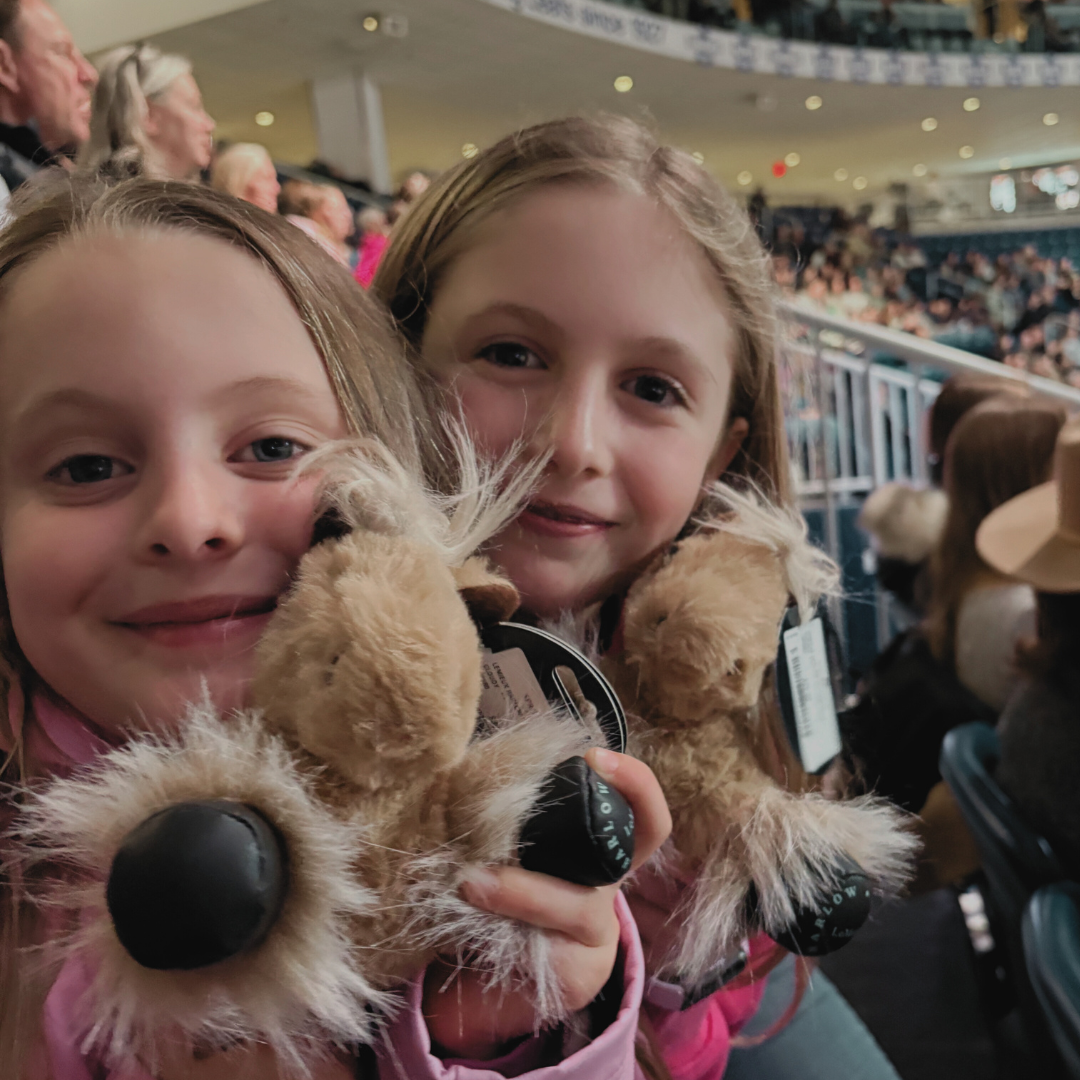 Two young girls at a sports event, holding plush toy dogs and smiling at the camera.