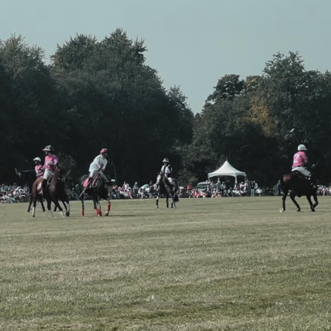 People playing polo on a grass field with a crowd watching in the background.