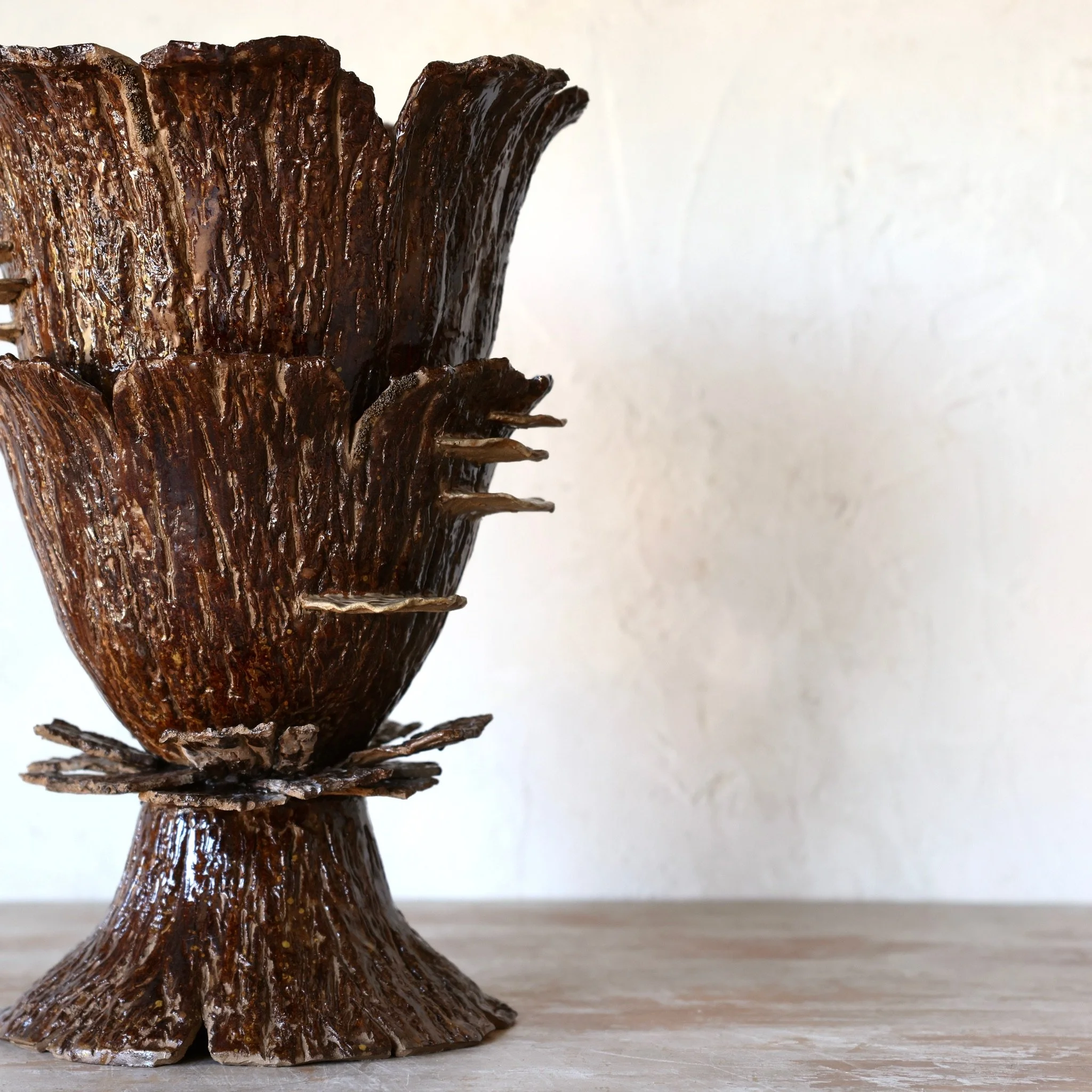 Epic Faux Bark Ceramic Urns with Turkey Tail Funghi