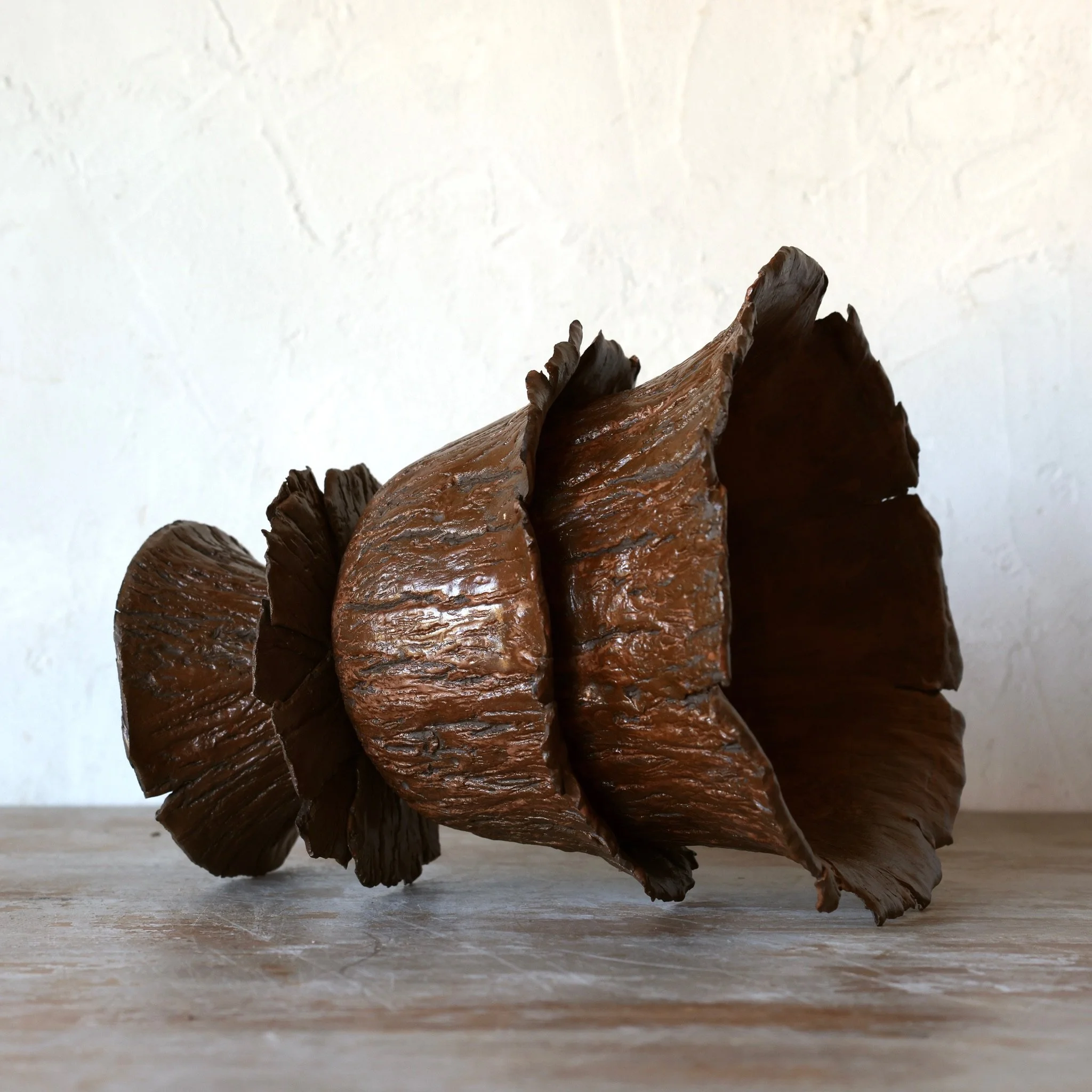 Large Faux-Scaled Bark Ceramic Urn with Umber Sheen Glaze