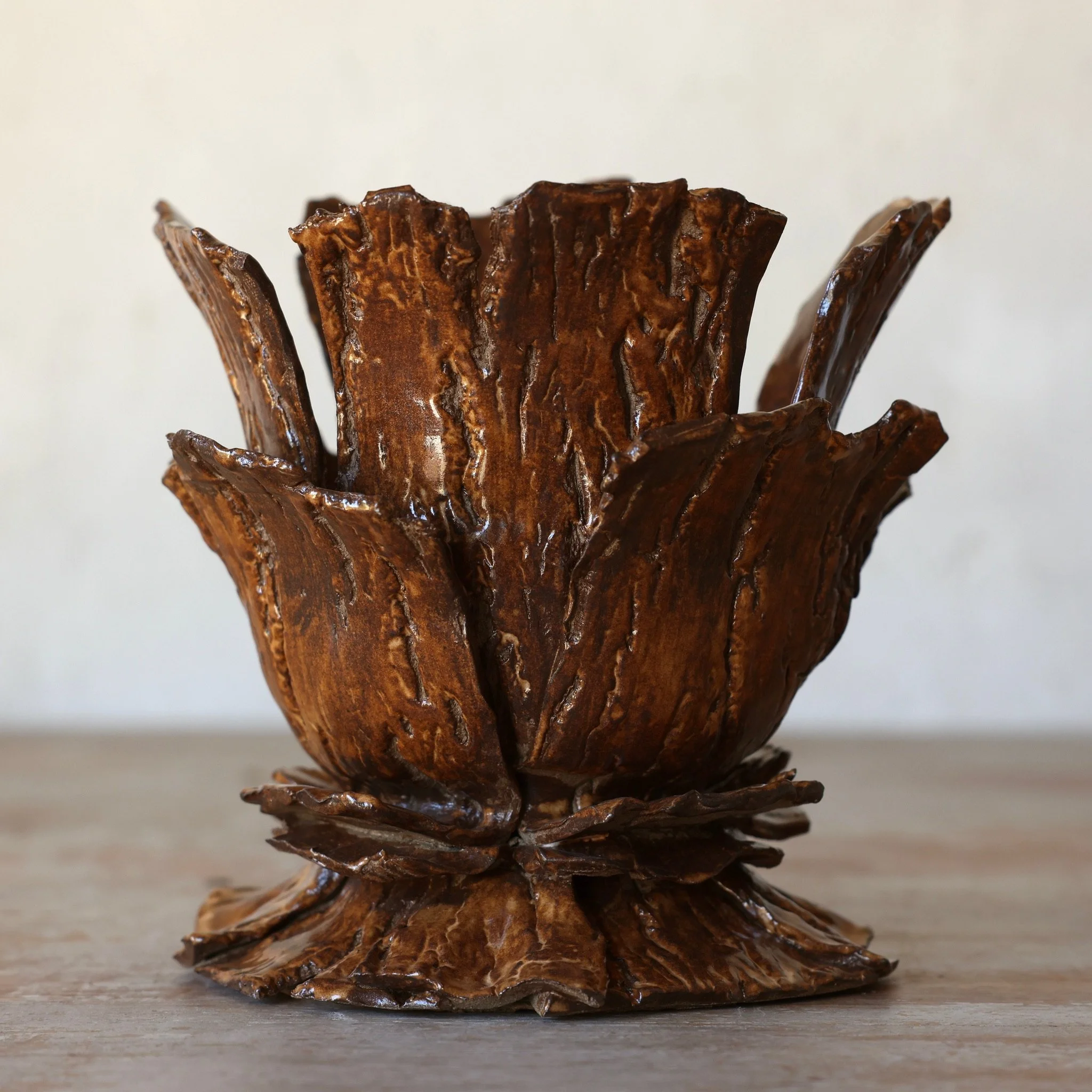 Diminutive Faux-Bark Ceramic Urn with Umber Gloss Glaze