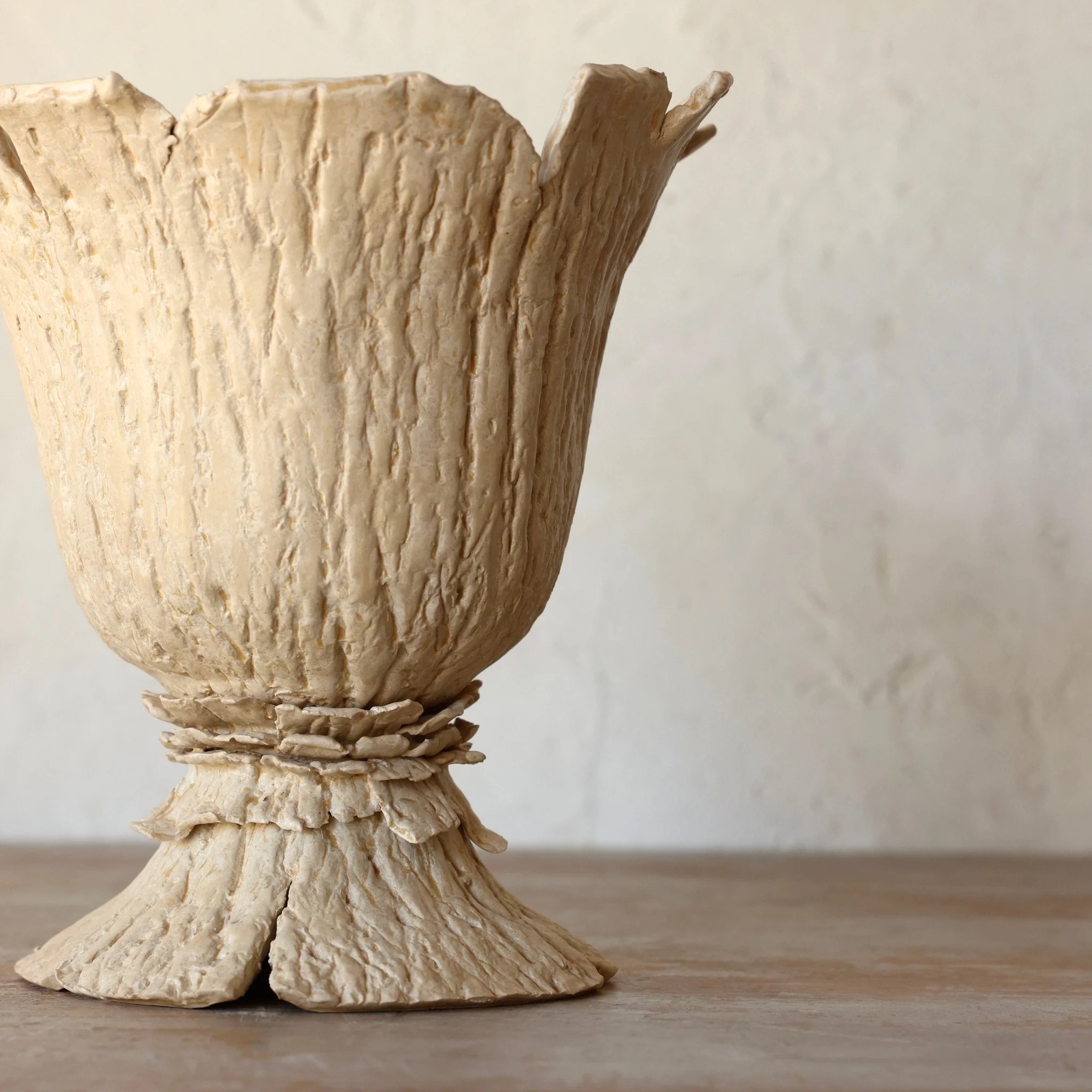 Small Faux-Bark Ceramic Urn with White Glaze