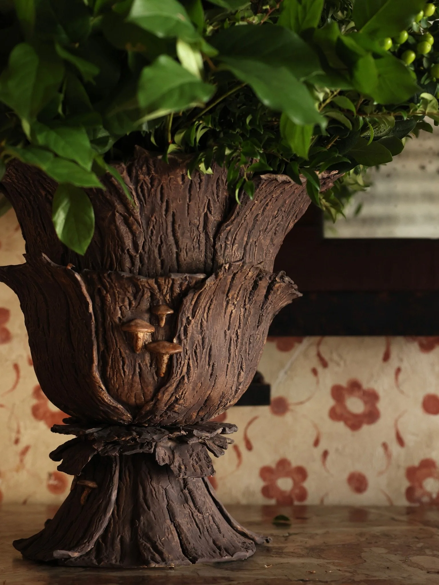 Large Faux Bark Urn with Enokitake Mushrooms
