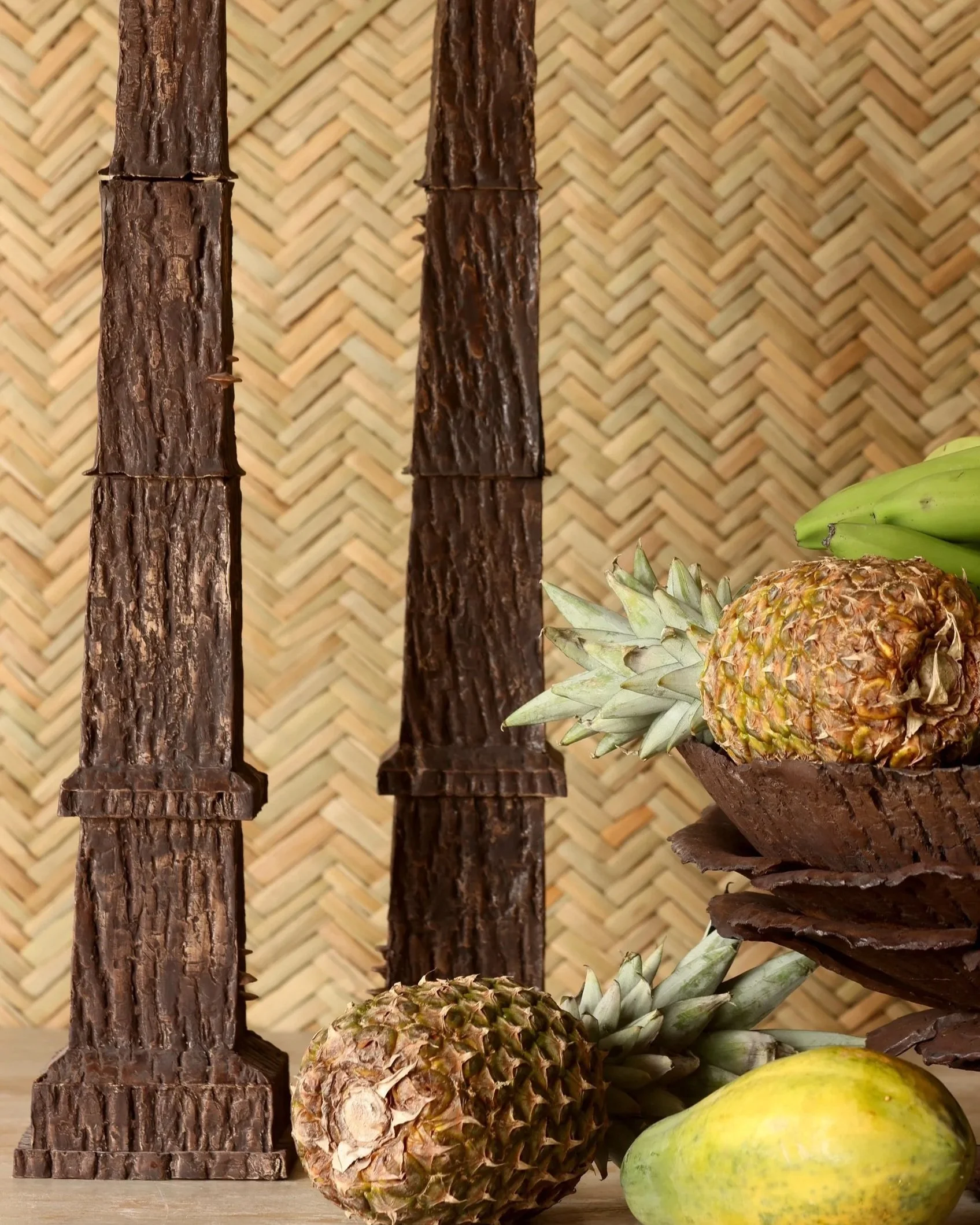 Pair of Tall Shingled Faux-Bark Obelisk with Mushroom Detailing