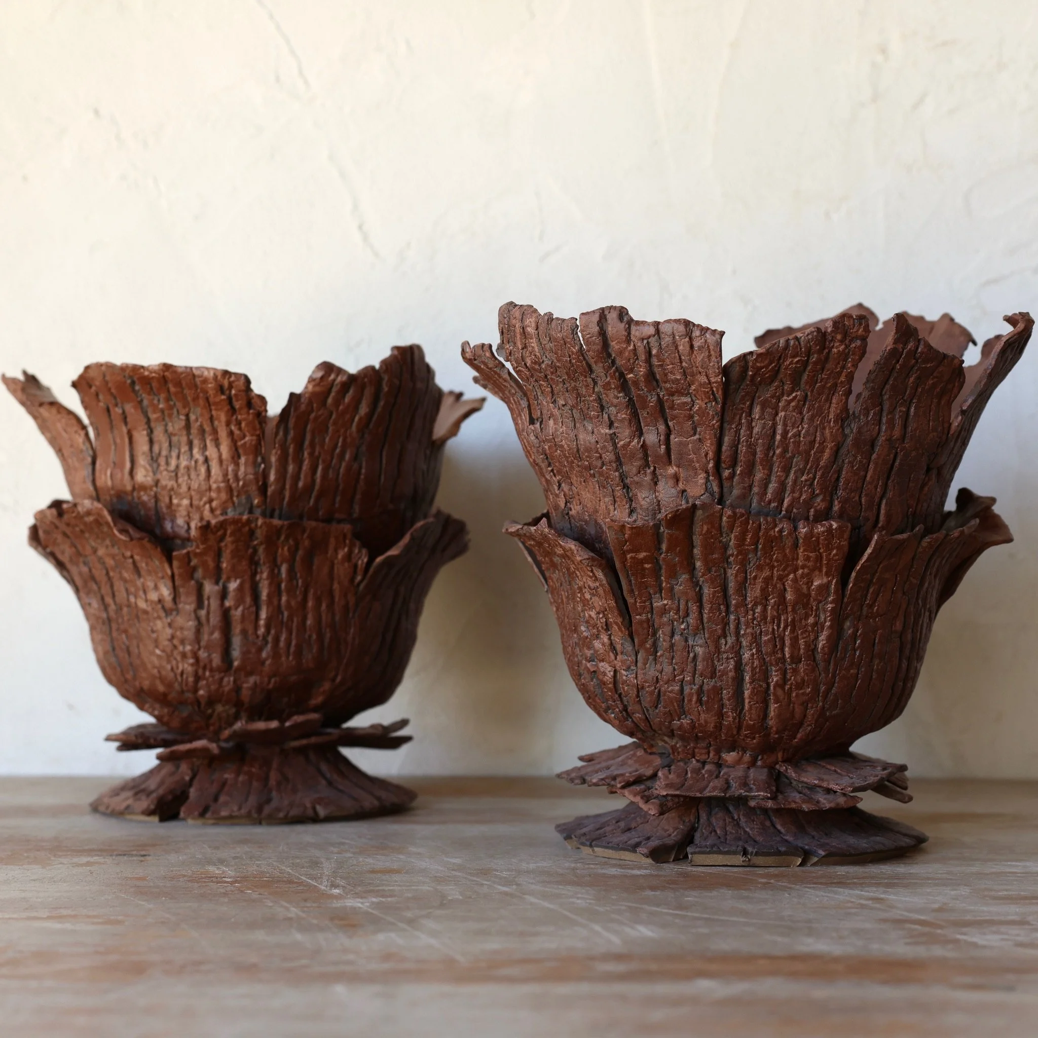 Medium Faux Bark Urns with Satin Glaze