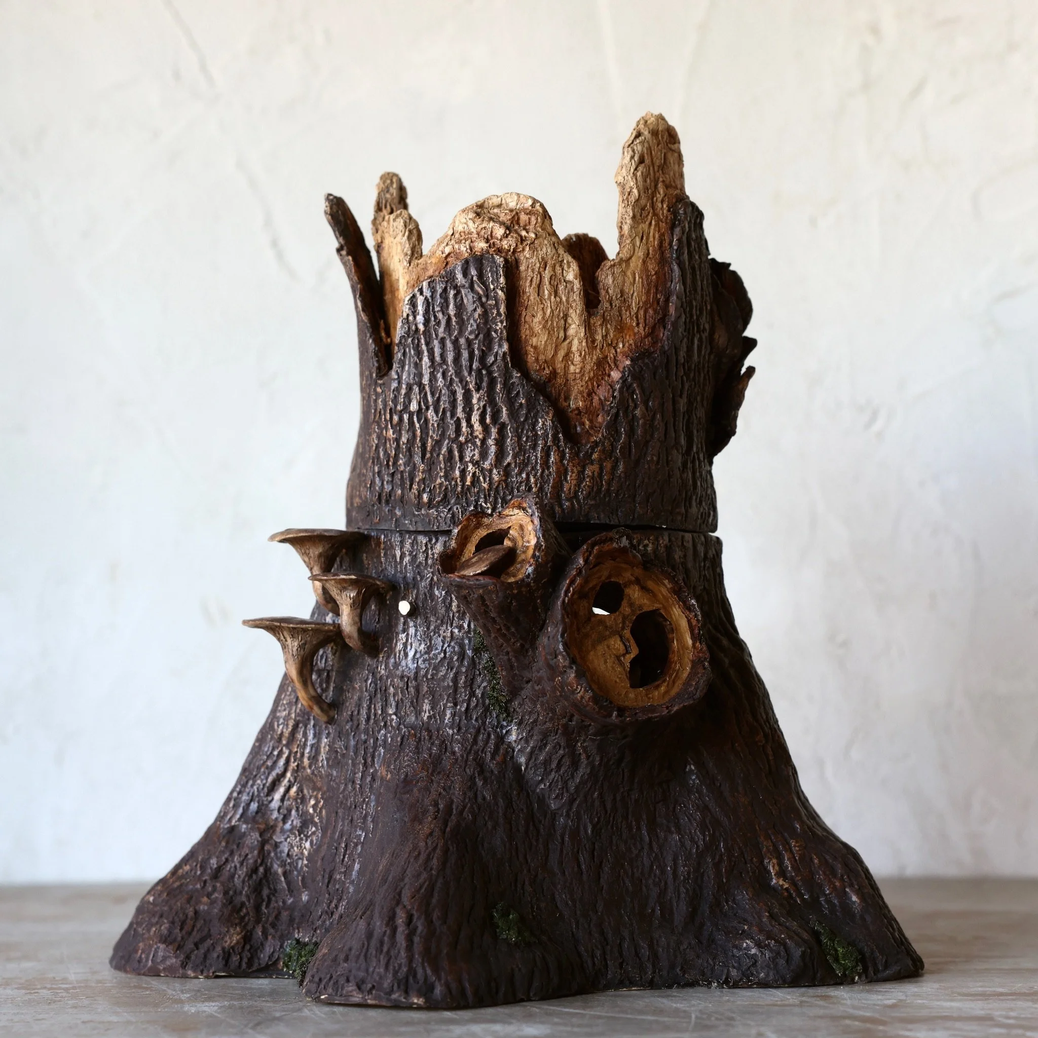 Faux Tree Stump Two Piece Tulipiere with Mushrooms, Stoneware