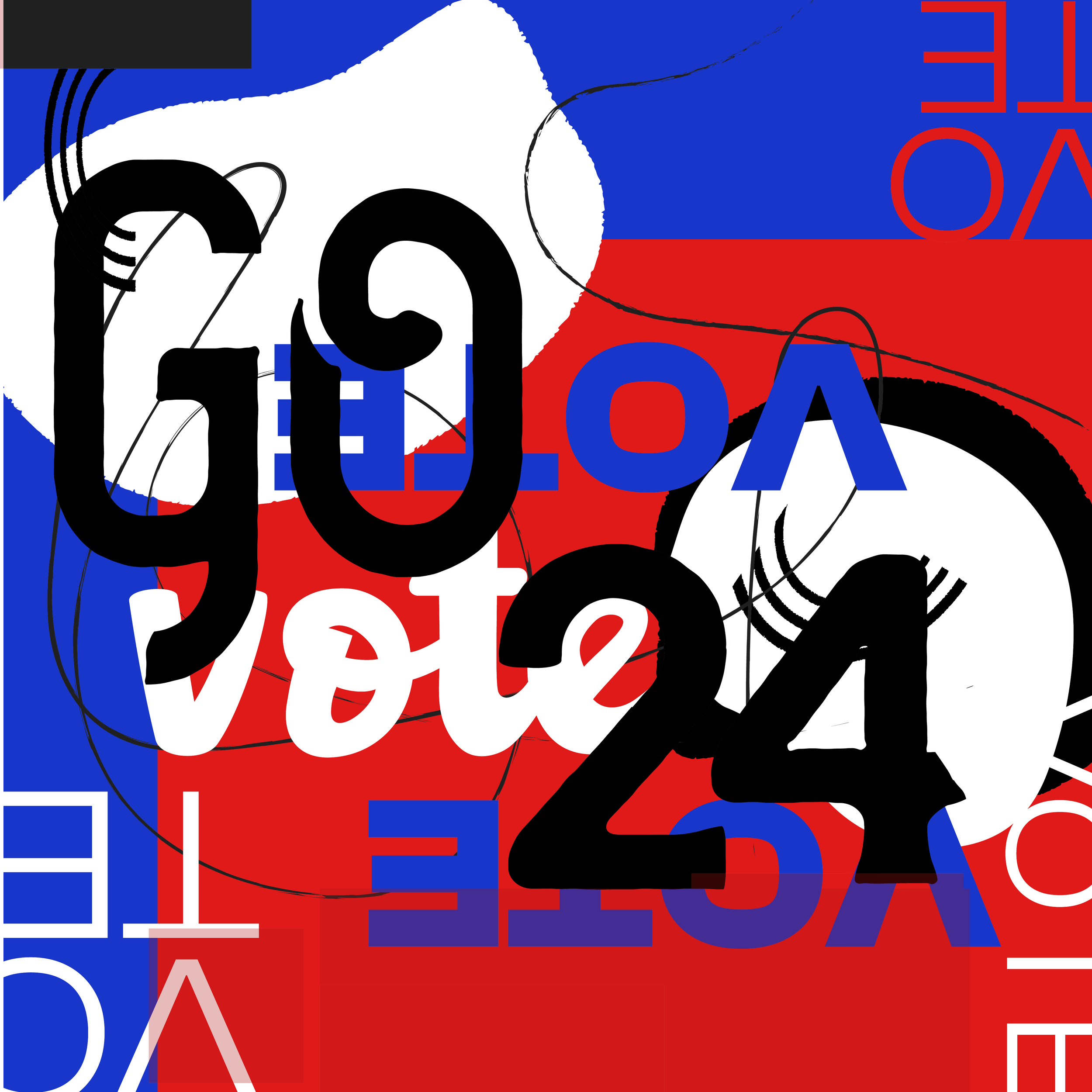A colorful abstract digital artwork featuring bold numbers, letters, and shapes in red, blue, black, and white, arranged in a chaotic composition.