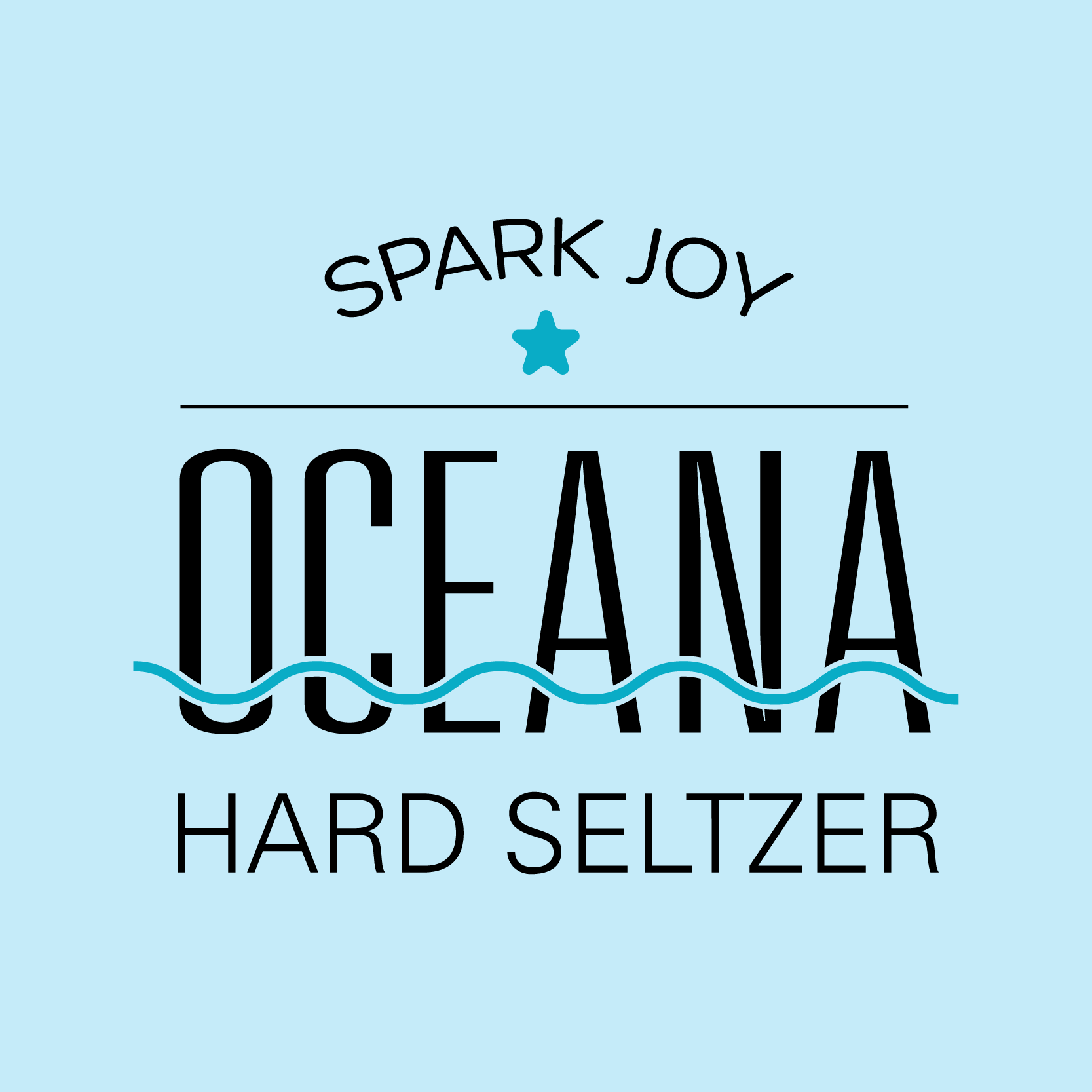 Label for Spark Joy Oceanic Hard Seltzer featuring the word 'OCEANIC' with waves and a starfish above, on a light blue background.