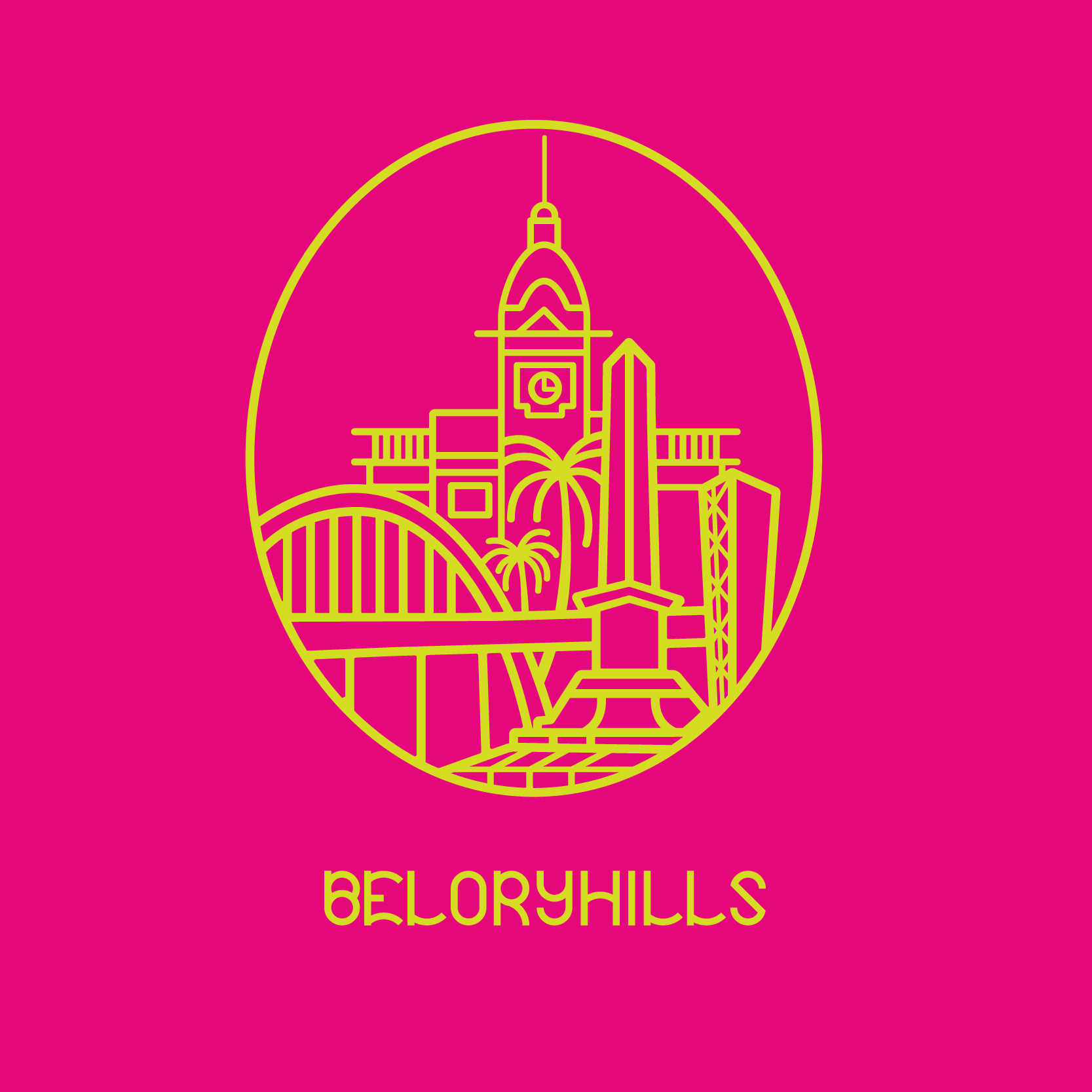 Stylized line drawing of the San Francisco city skyline inside an oval outline, with the word "BELARYHILLS" underneath in stylized font, on a pink background.