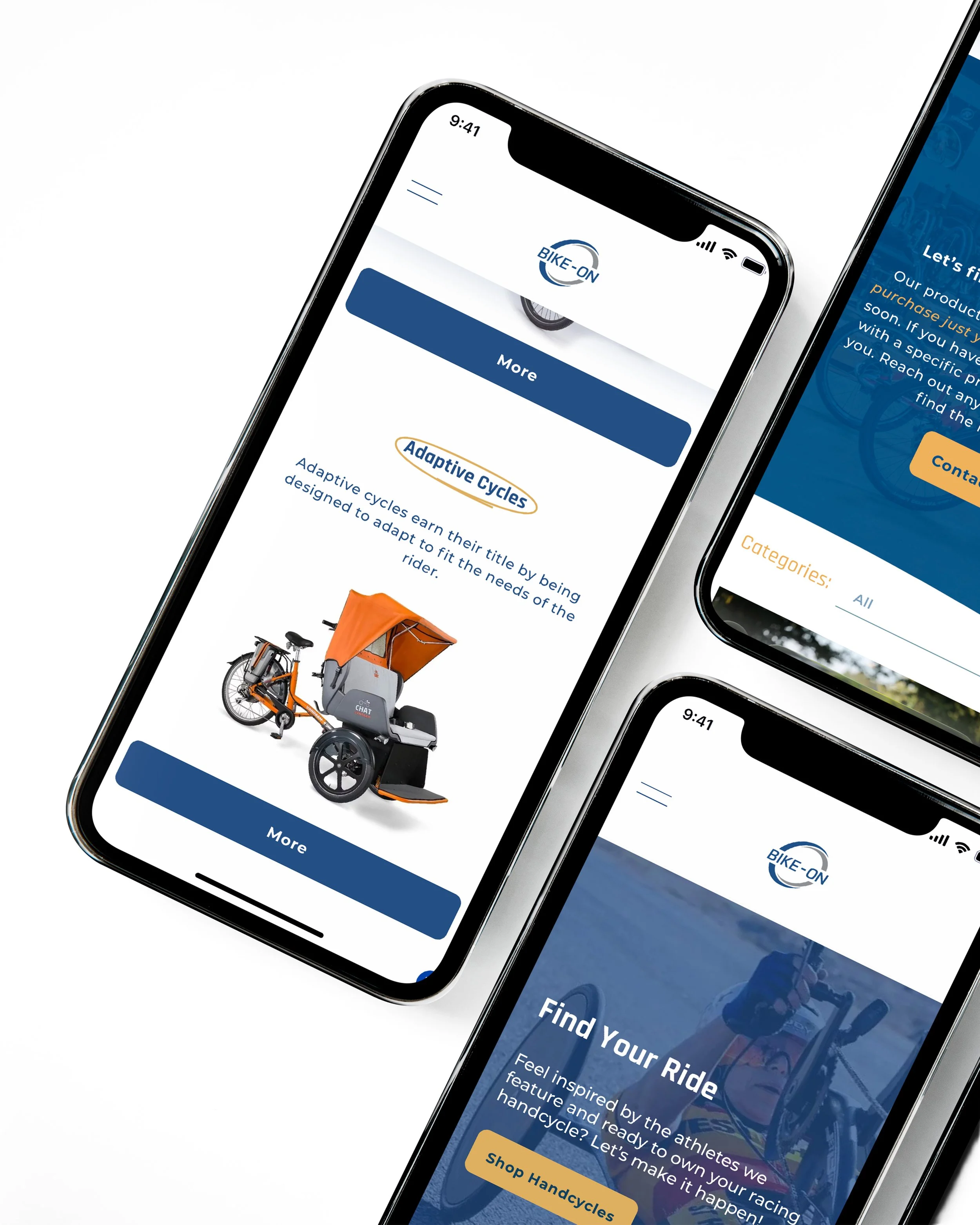 Smartphone screen displaying a bike rental app with an image of an adaptive cycling tricycle and text about adaptive cycles.