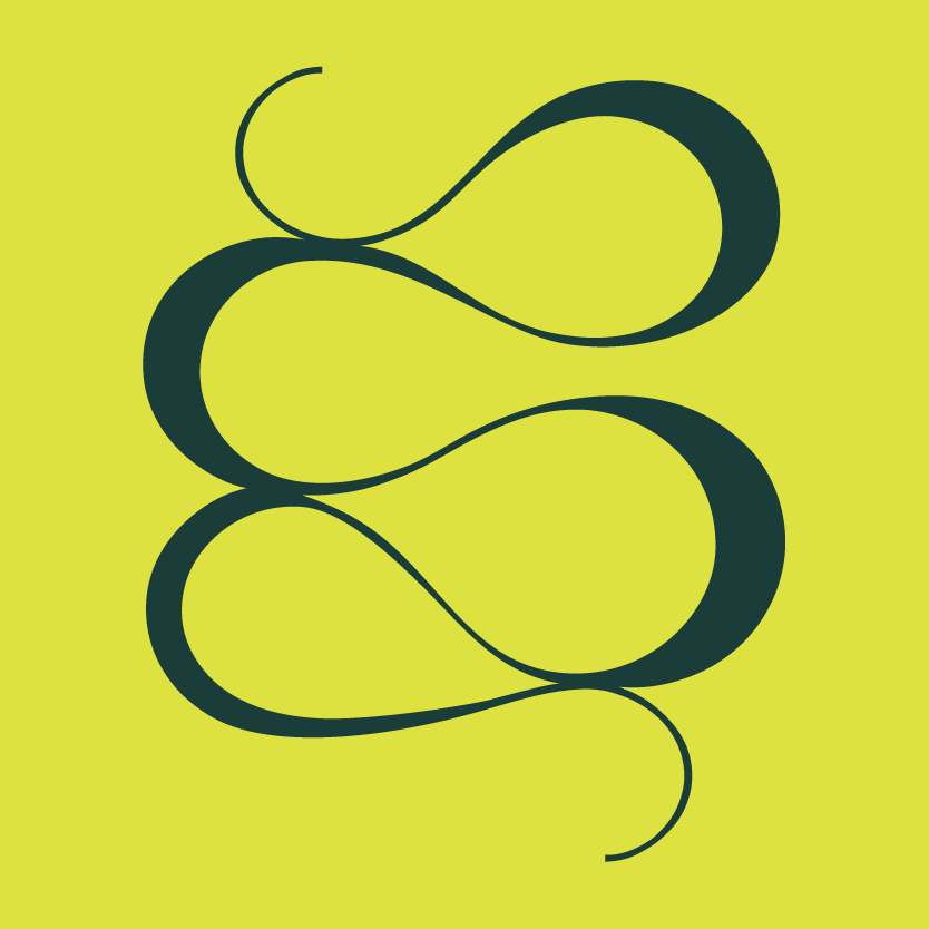 A yellow background with a stylized black abstract snake or ribbon design.