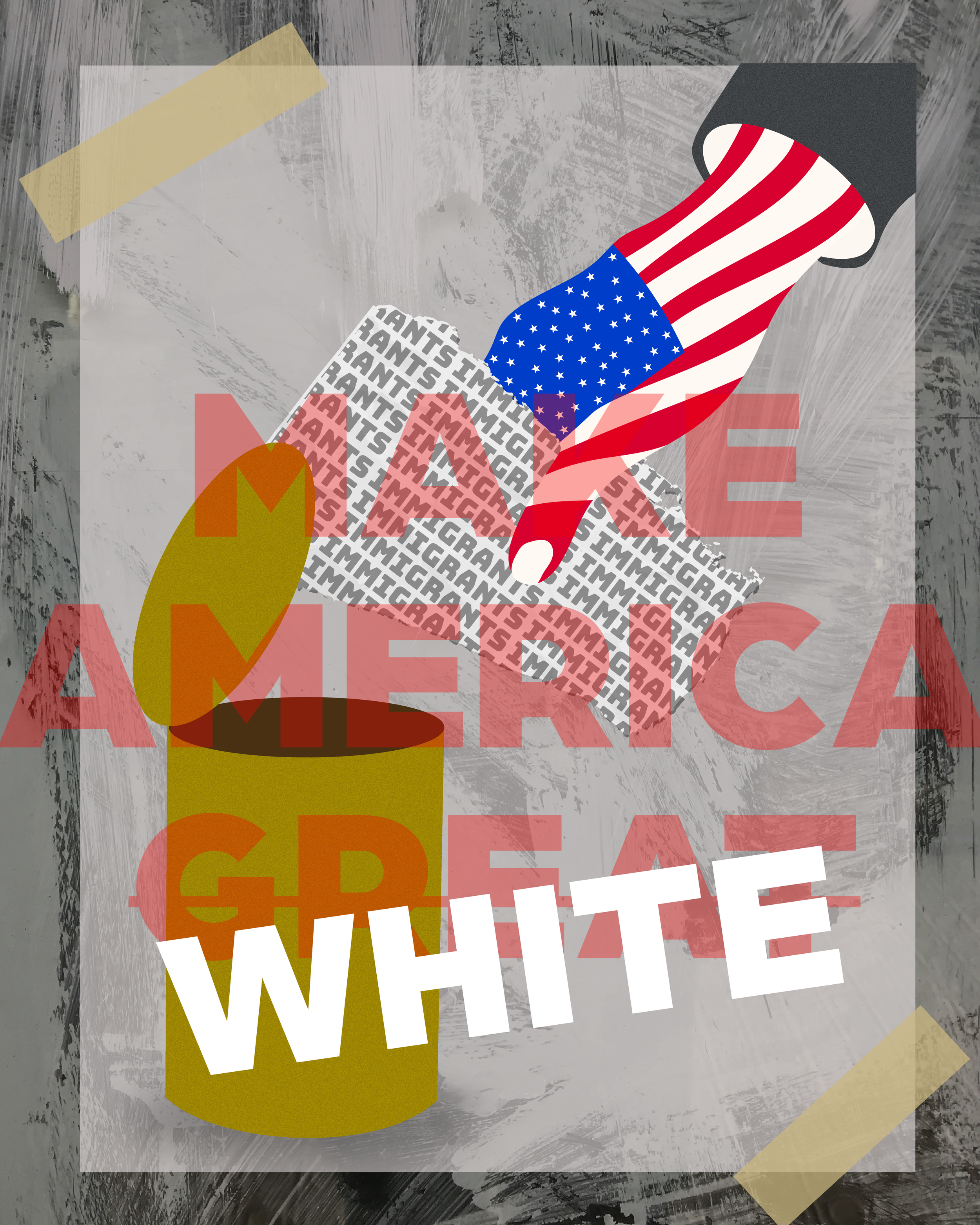 An illustration of a yellow container with a partially open lid, with a hand dressed in an American flag sleeve reaching into it. The background features a repeating pattern of the word 'IMMIGRANT' in black and red. The overlay text says 'WHITE' in large white letters and 'AMERICA' in large red letters.