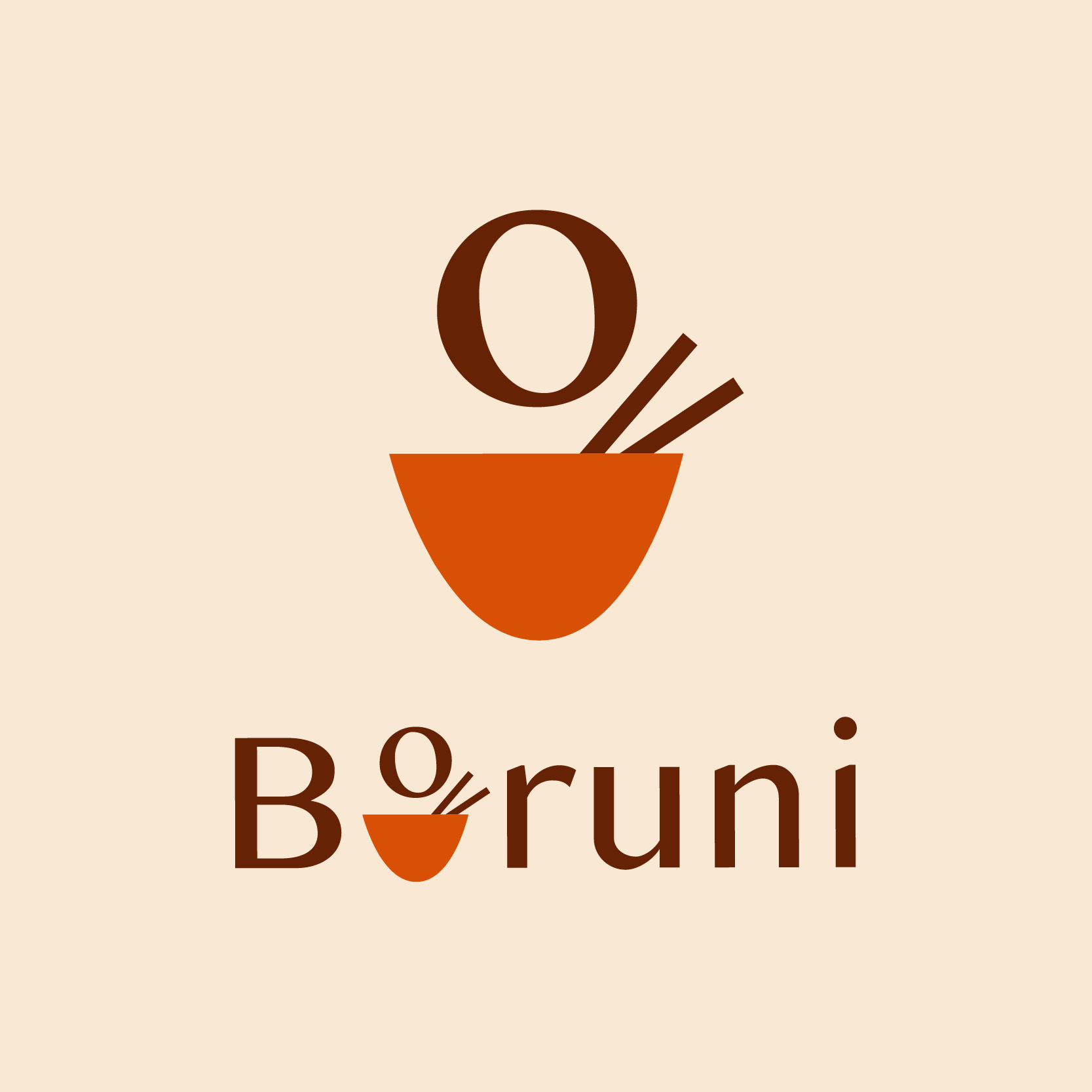 A logo featuring a stylized bowl, chopsticks, a large 'O' and a small 'o' in the word 'Bōruni' with the smaller 'o' shaped like a bowl, on a beige background.