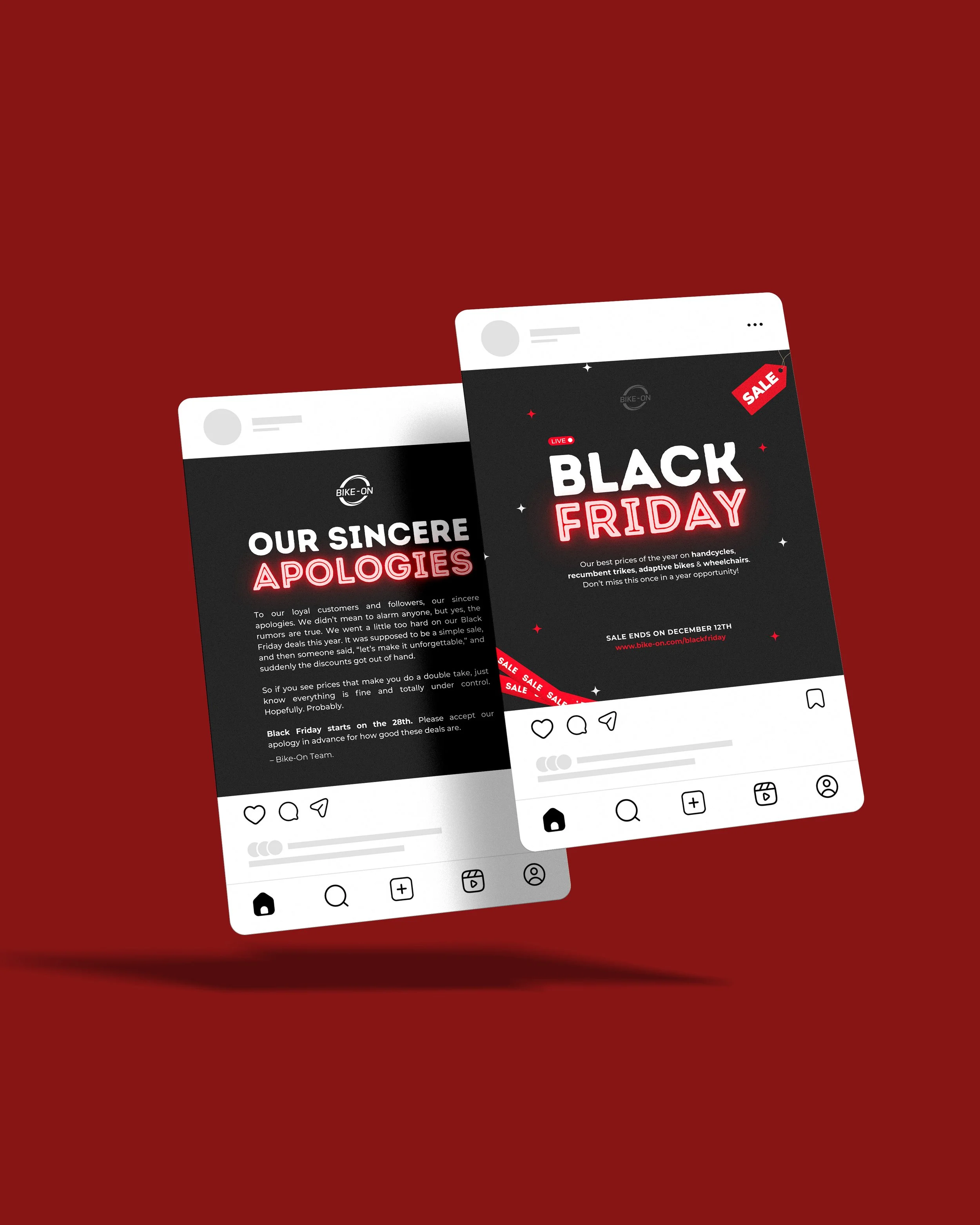 Two digital screens displaying social media posts for Black Friday sales on bikes with black backgrounds, red and white text, and sale announcements.