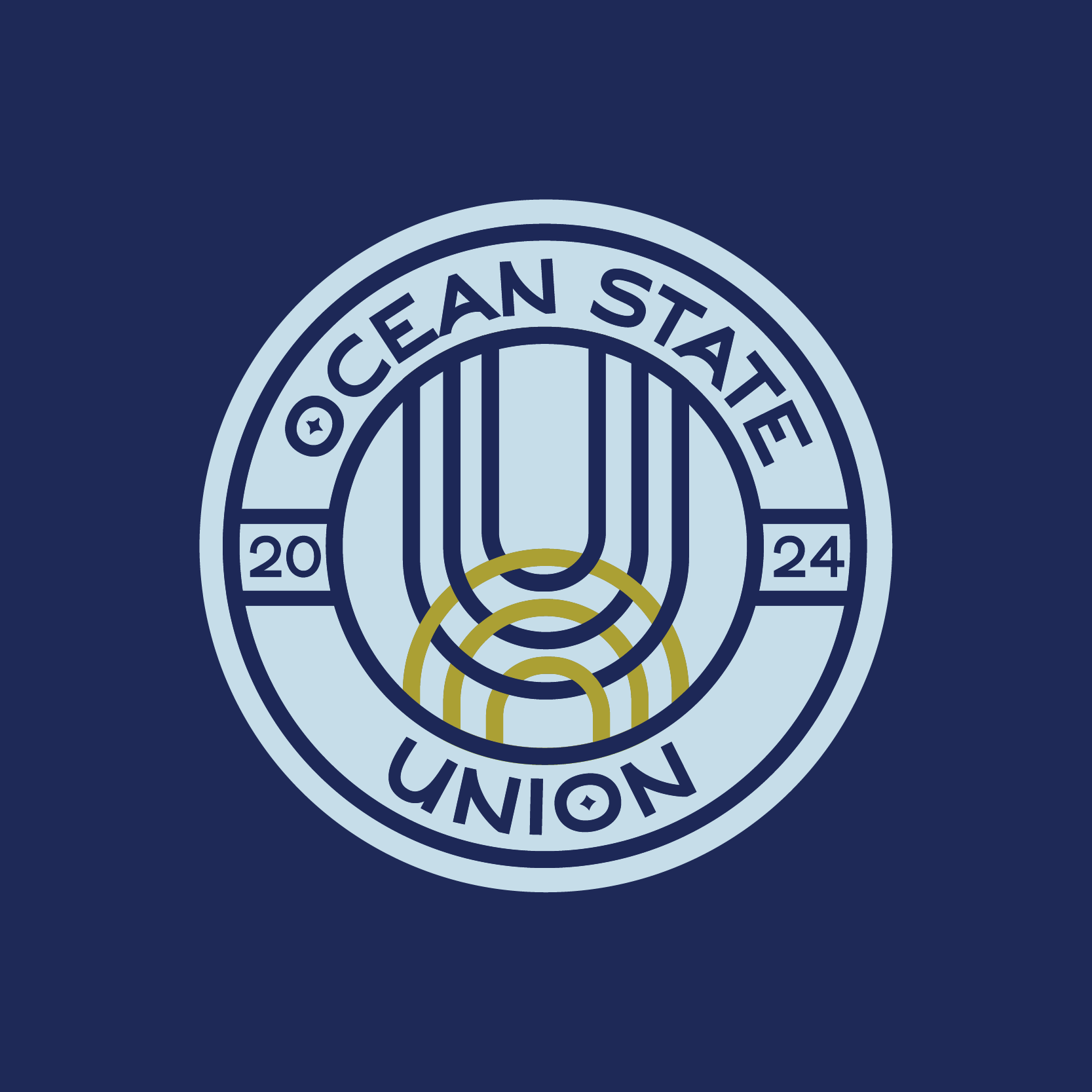 Logo for the Ocean State Union, featuring a stylized U with gold and navy blue lines, the text 'Ocean State Union' and years '2020' and '2024' on a navy background.