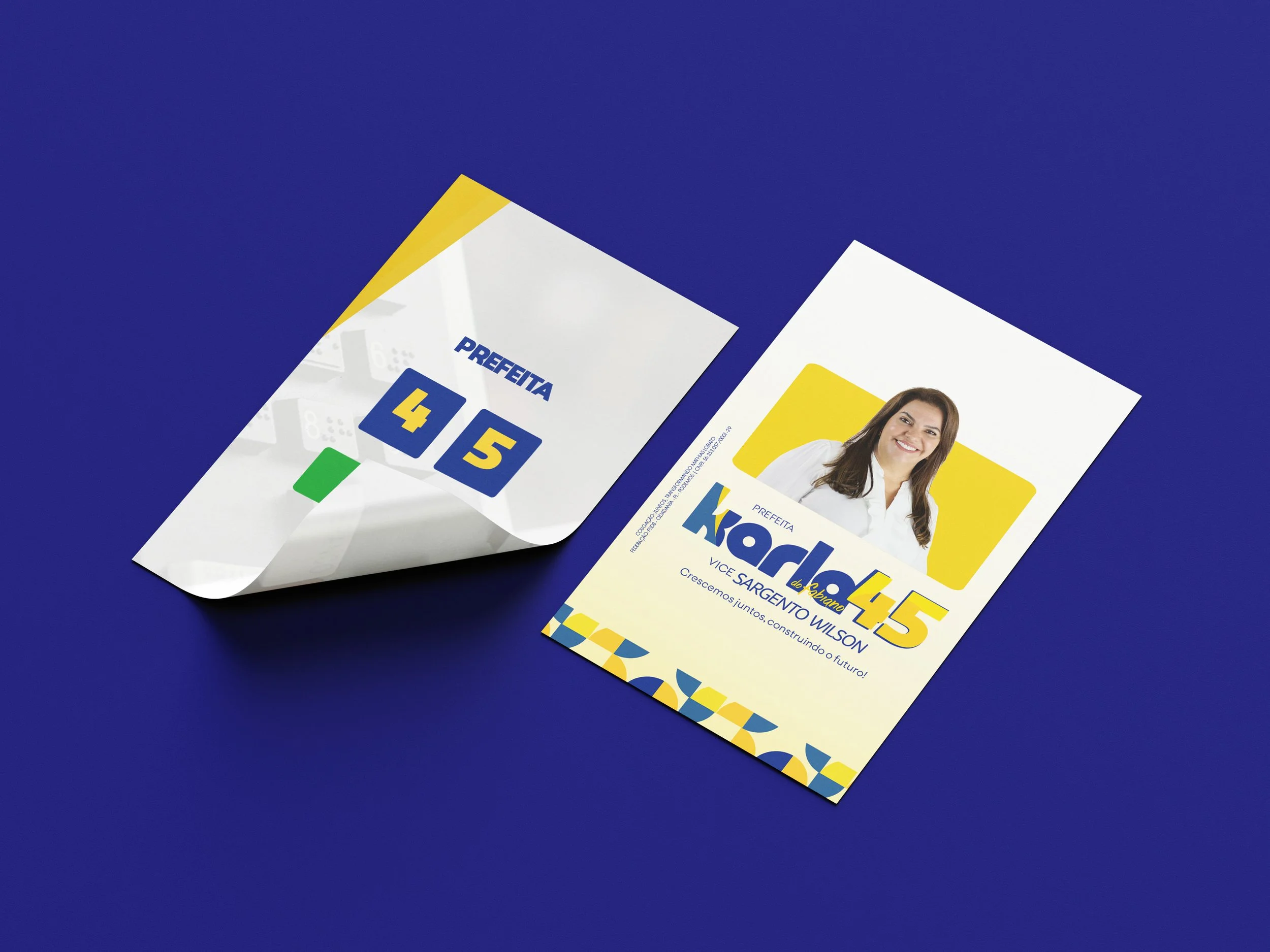 Political campaign flyers with blue, yellow, and white color scheme, featuring candidate Karen with a smiling portrait and the number 45, on a dark blue background.