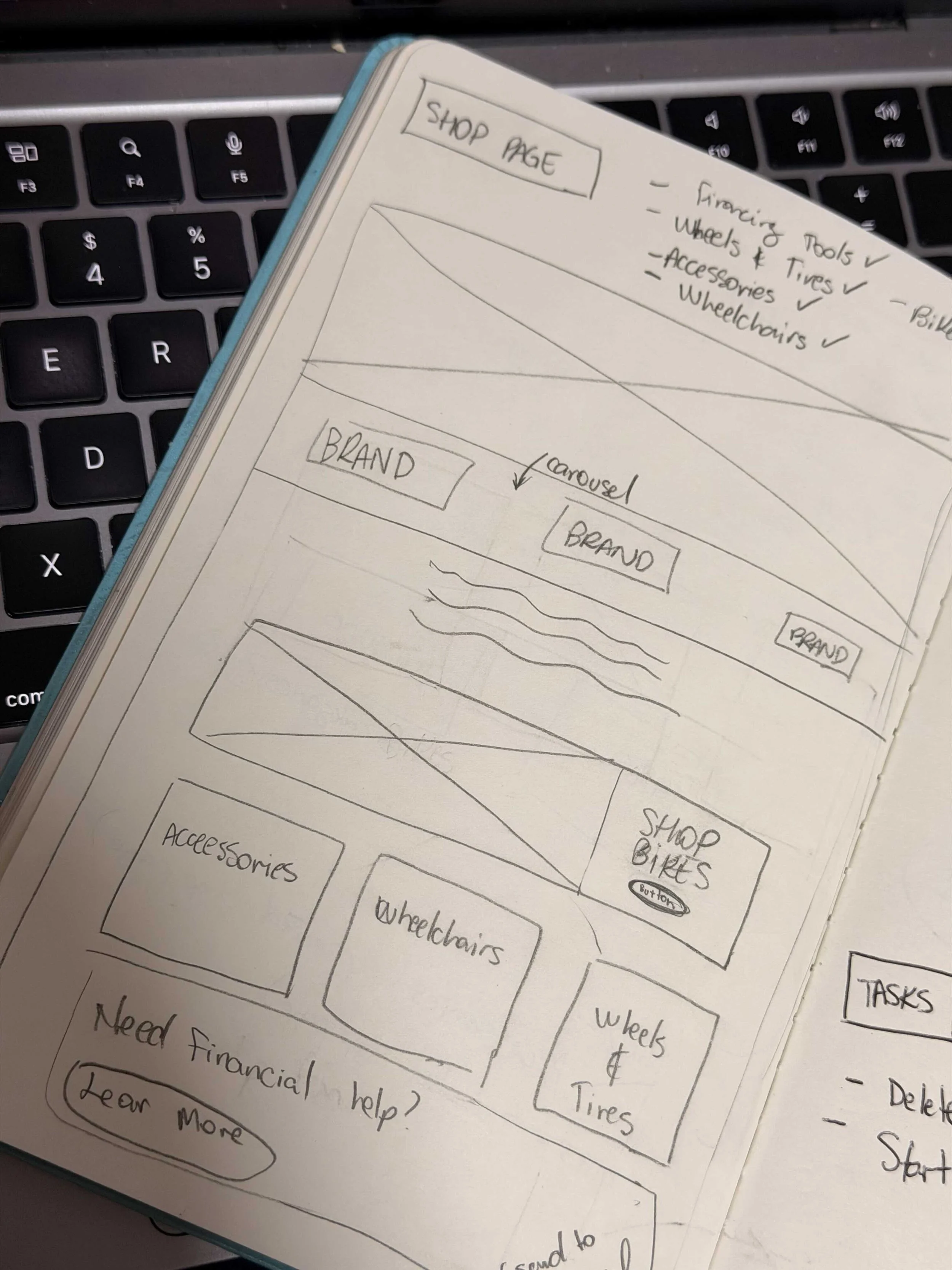 Hand-drawn sketch of a shop page layout with sections for categories like accessories, wheelchairs, bikes, and tires, and a menu for brand carousel and tasks, placed on a notebook on top of a keyboard.