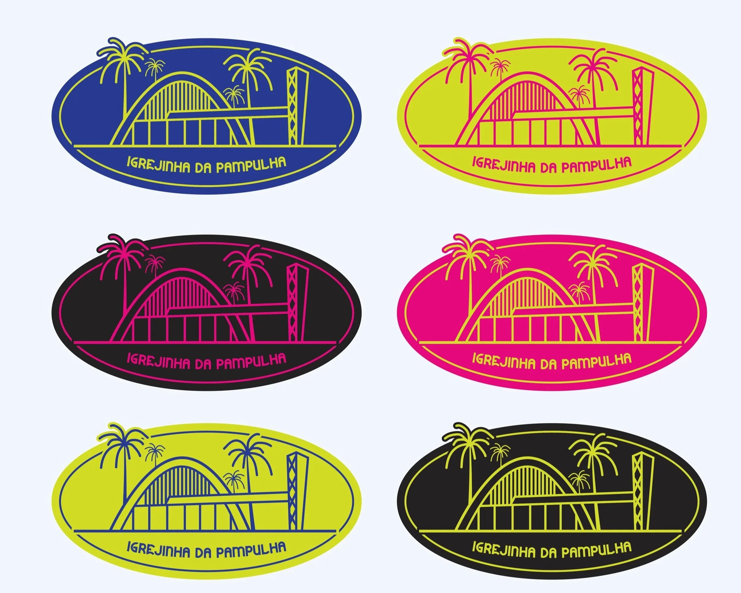 Six colorful oval stickers featuring a bridge and palm trees, with the text 'Igrejinha da Pampulha' in different colors.