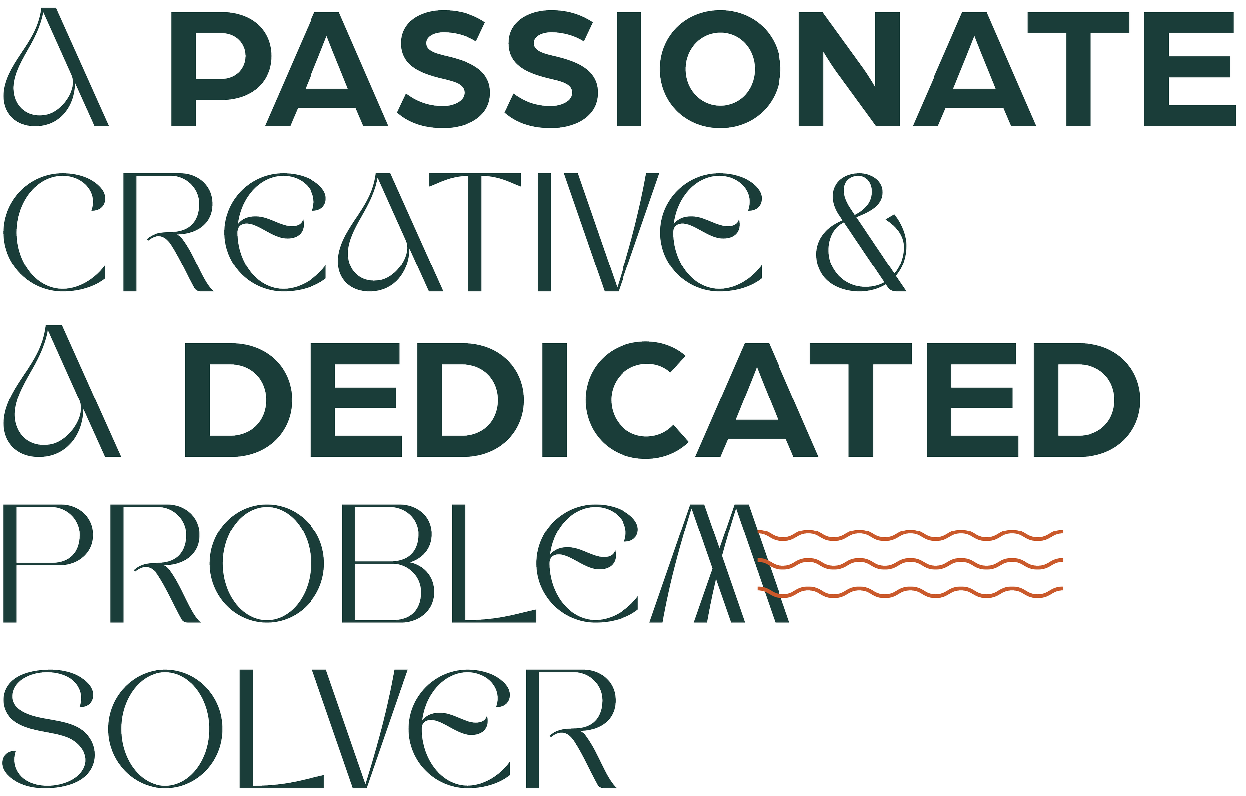 Text reads "A PASSIONATE CREATIVE & DEDICATED PROBLEM SOLVER" with decorative elements like a water drop and wavy lines.