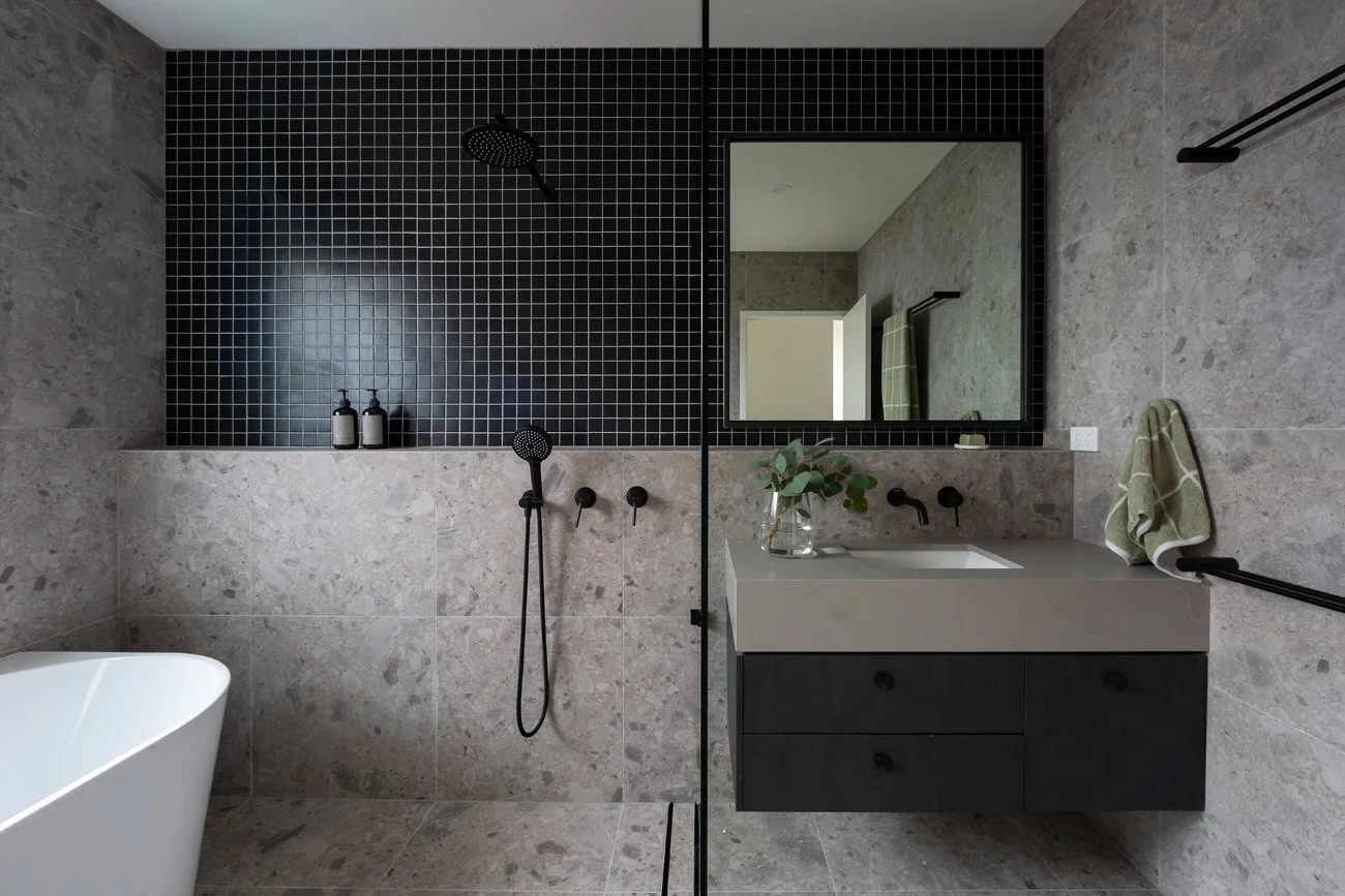 Main bathroom with wet room and bath by Banksia Projects