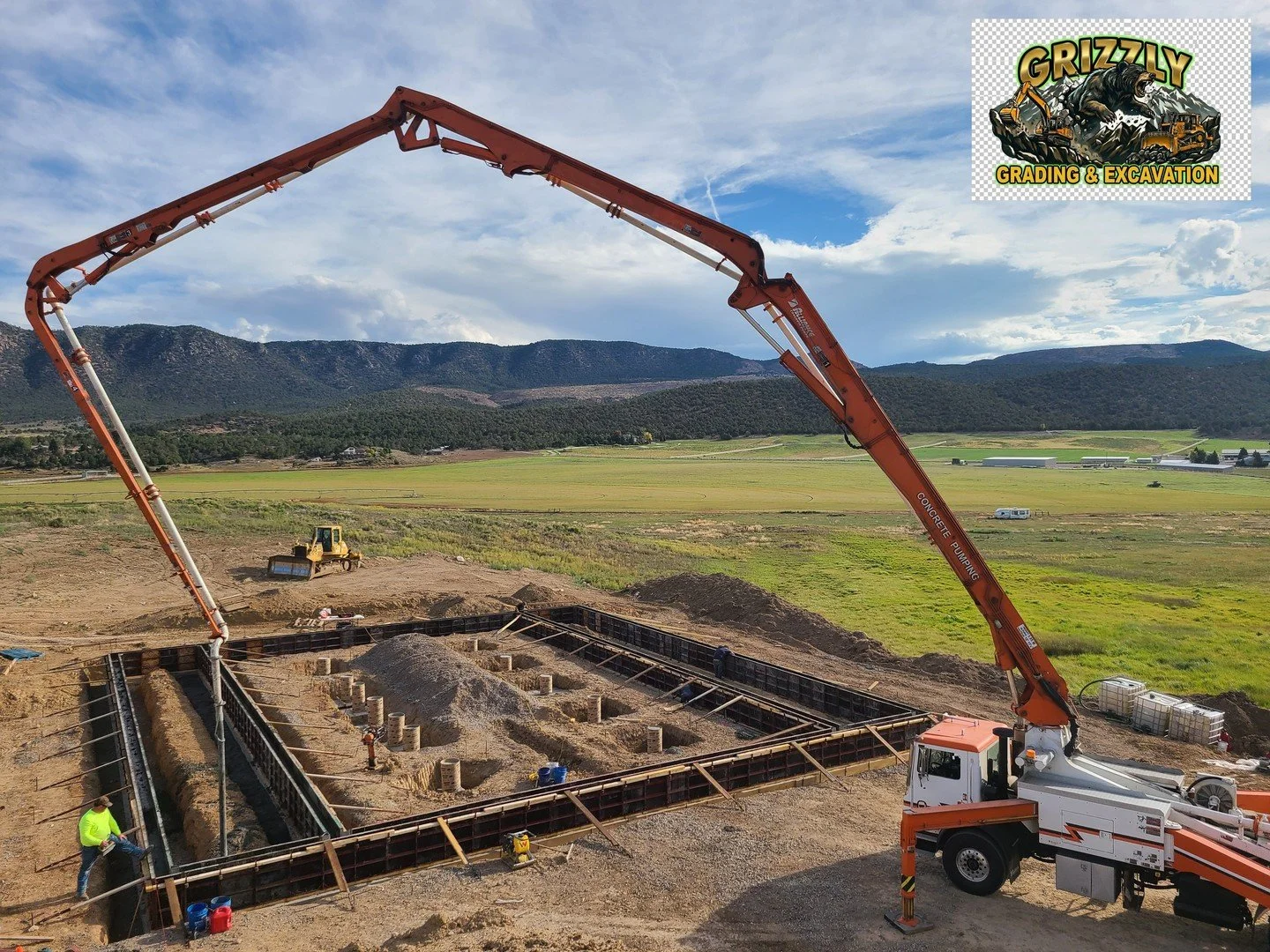 Five shots from the Craig project in Crawford. Boom arm extended, foundation walls poured, forms stripped, compaction done, three machines running the finish.

This is what a large pour looks like from survey stake to final grade.

Crawford, CO. | (9