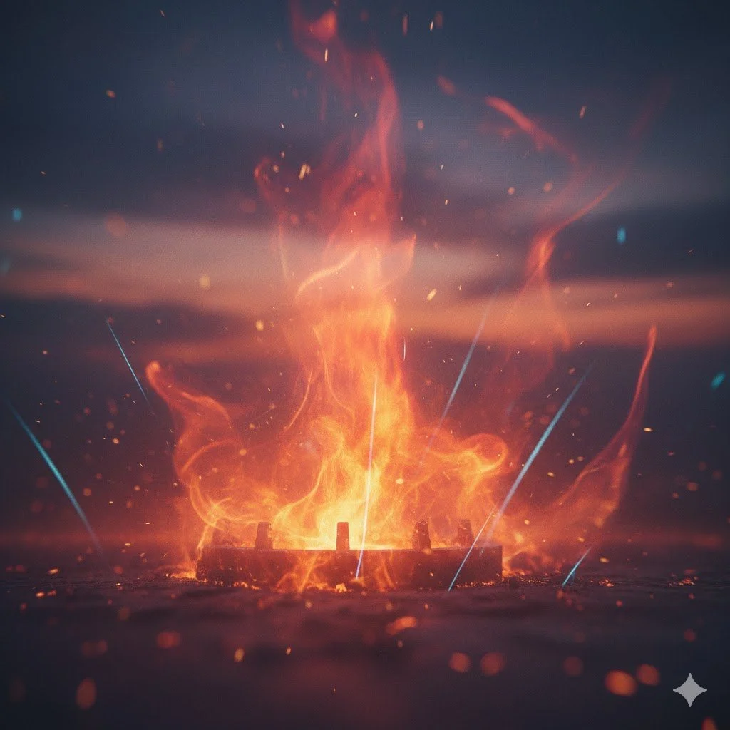 A fire on a dark surface with sparks flying and blue laser-like beams shooting upward.