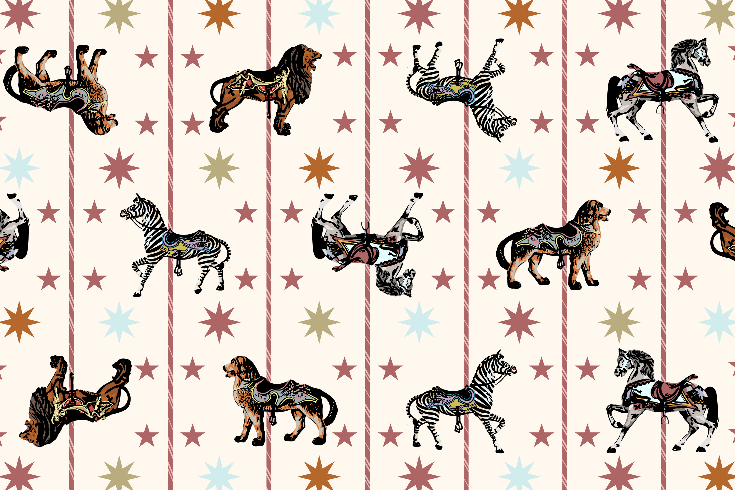Pattern with illustrated lions and zebras, some with saddles, alternating with stars in red, beige, and blue on a cream background.