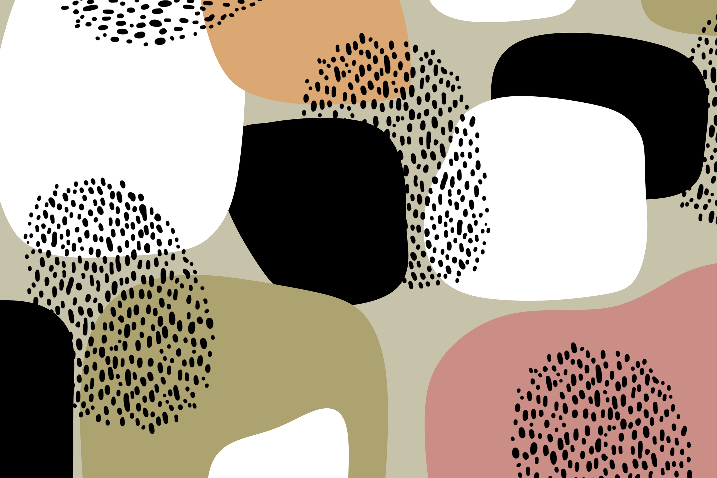 Abstract pattern with irregular shapes in beige, white, black, pink, and peach, with dotted textures.