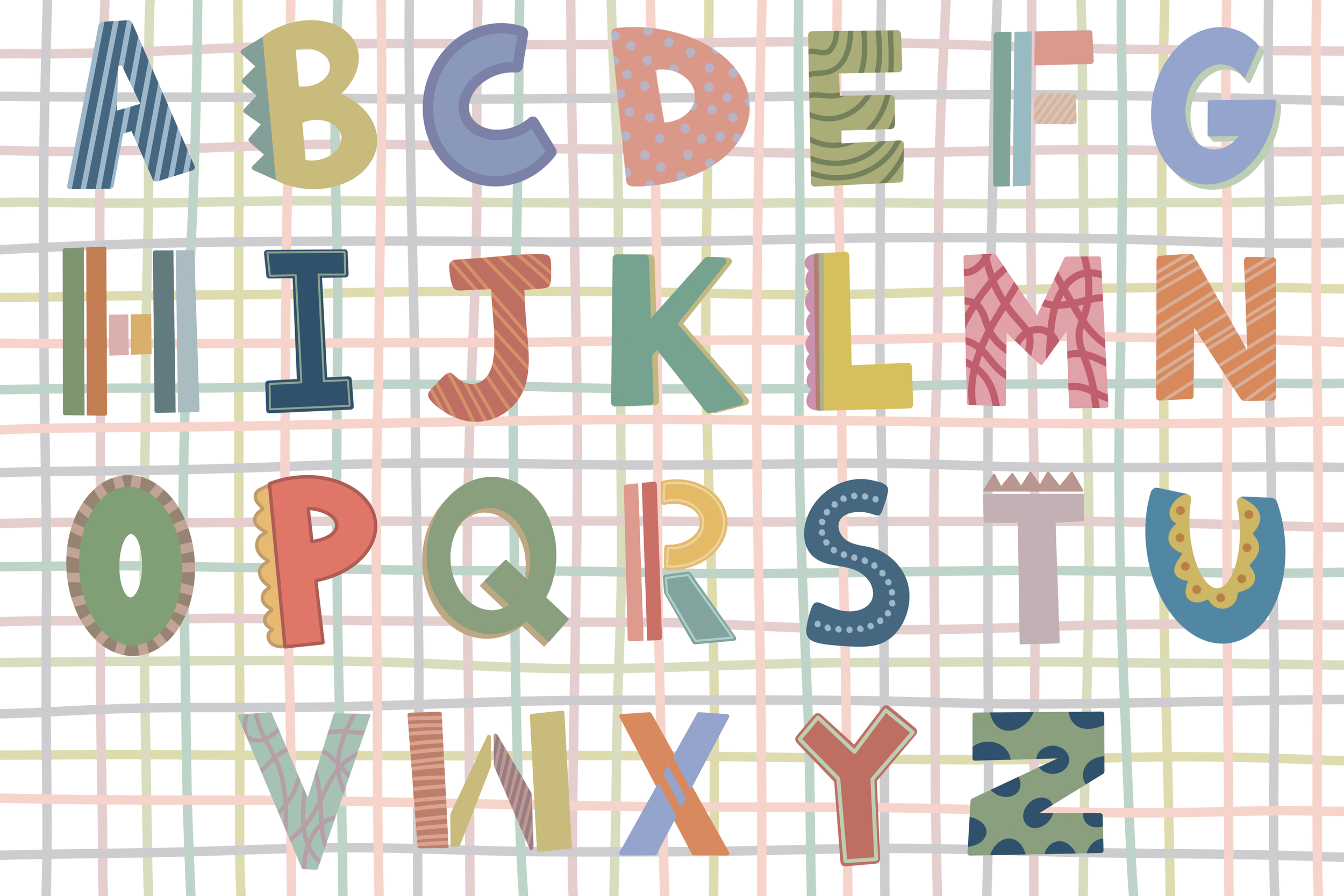Colorful alphabet letters arranged in a random pattern on a pastel checkered background.