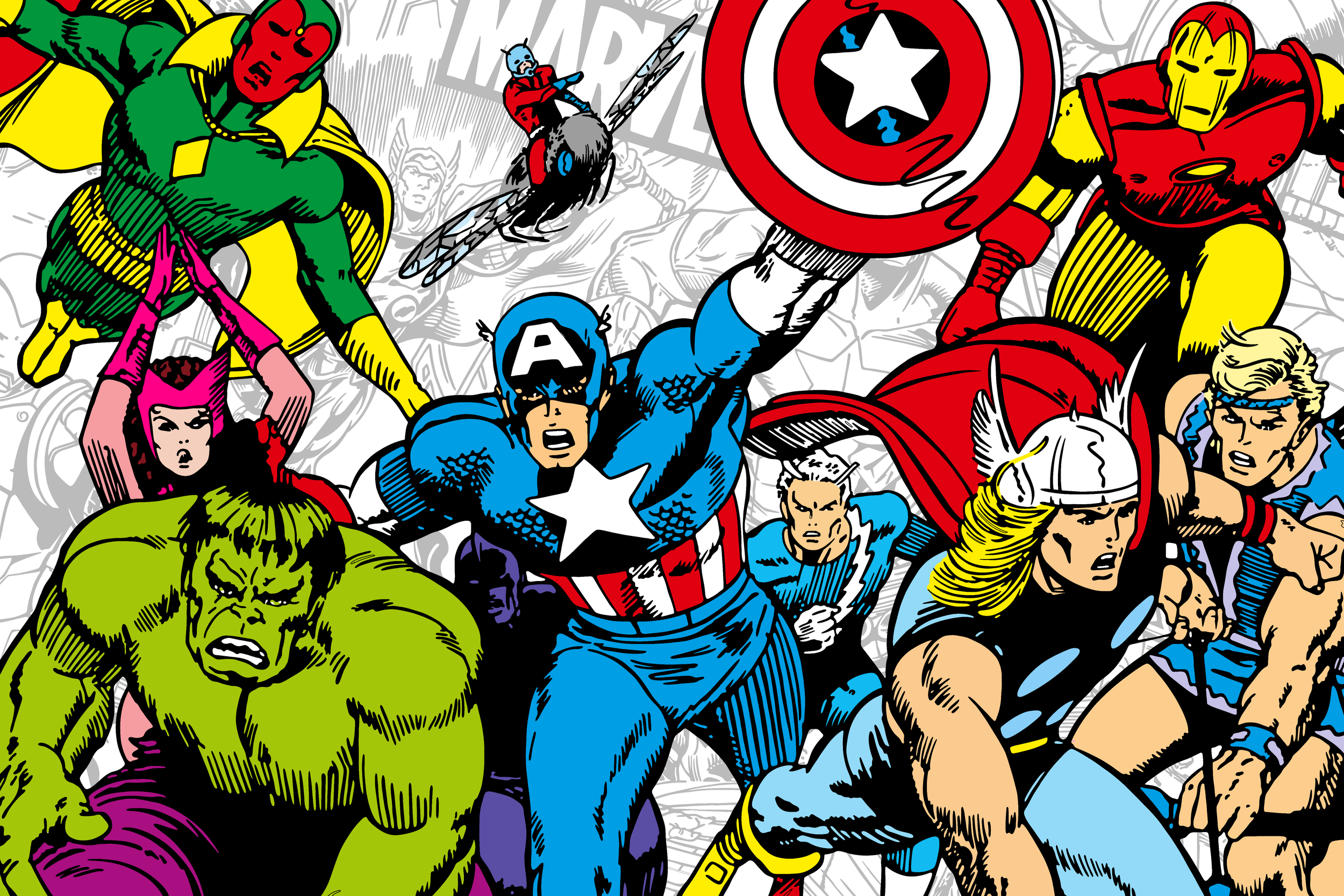 A colorful comic book illustration featuring superheroes in action.